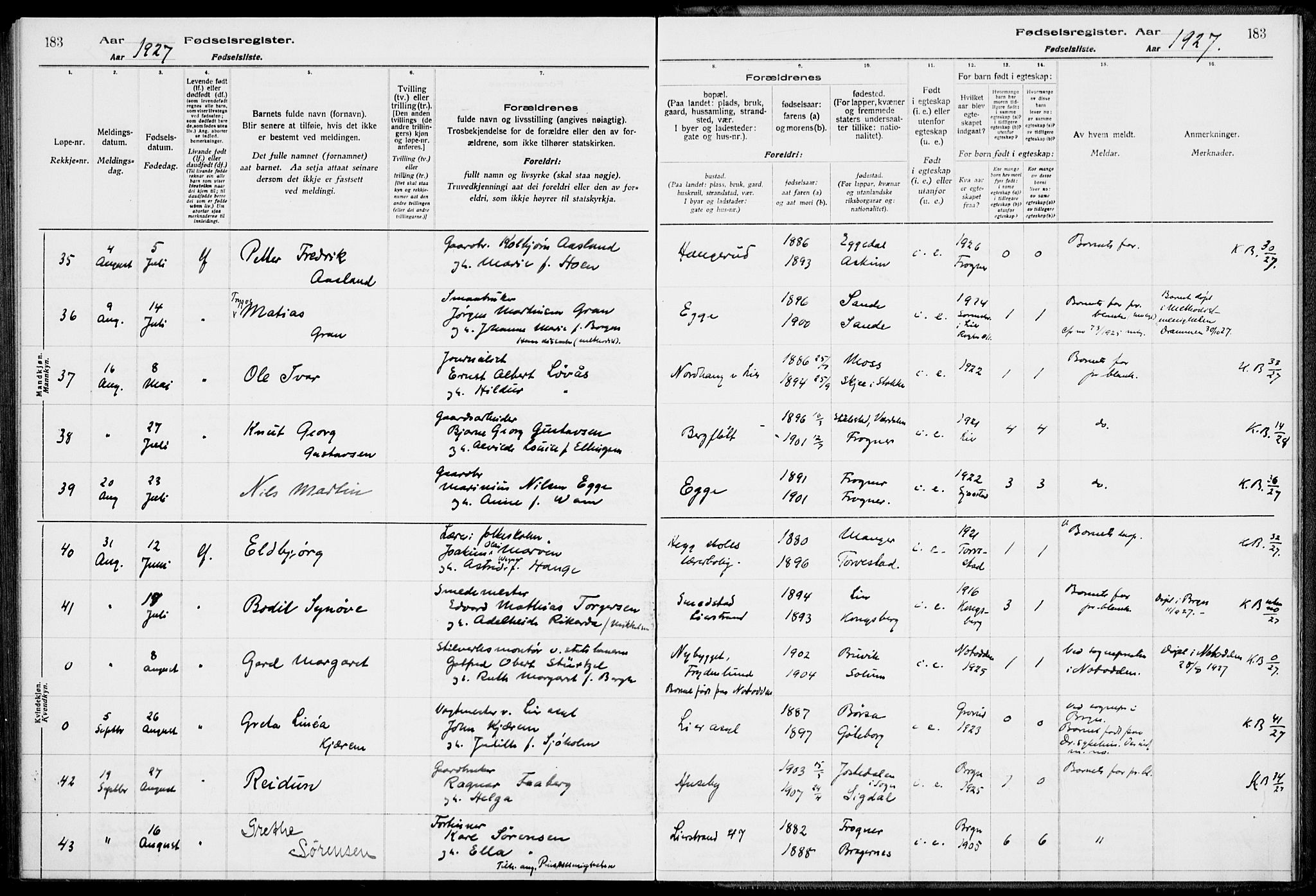 Lier kirkebøker, AV/SAKO-A-230/J/Ja/L0001: Birth register no. 1, 1916-1928, p. 183