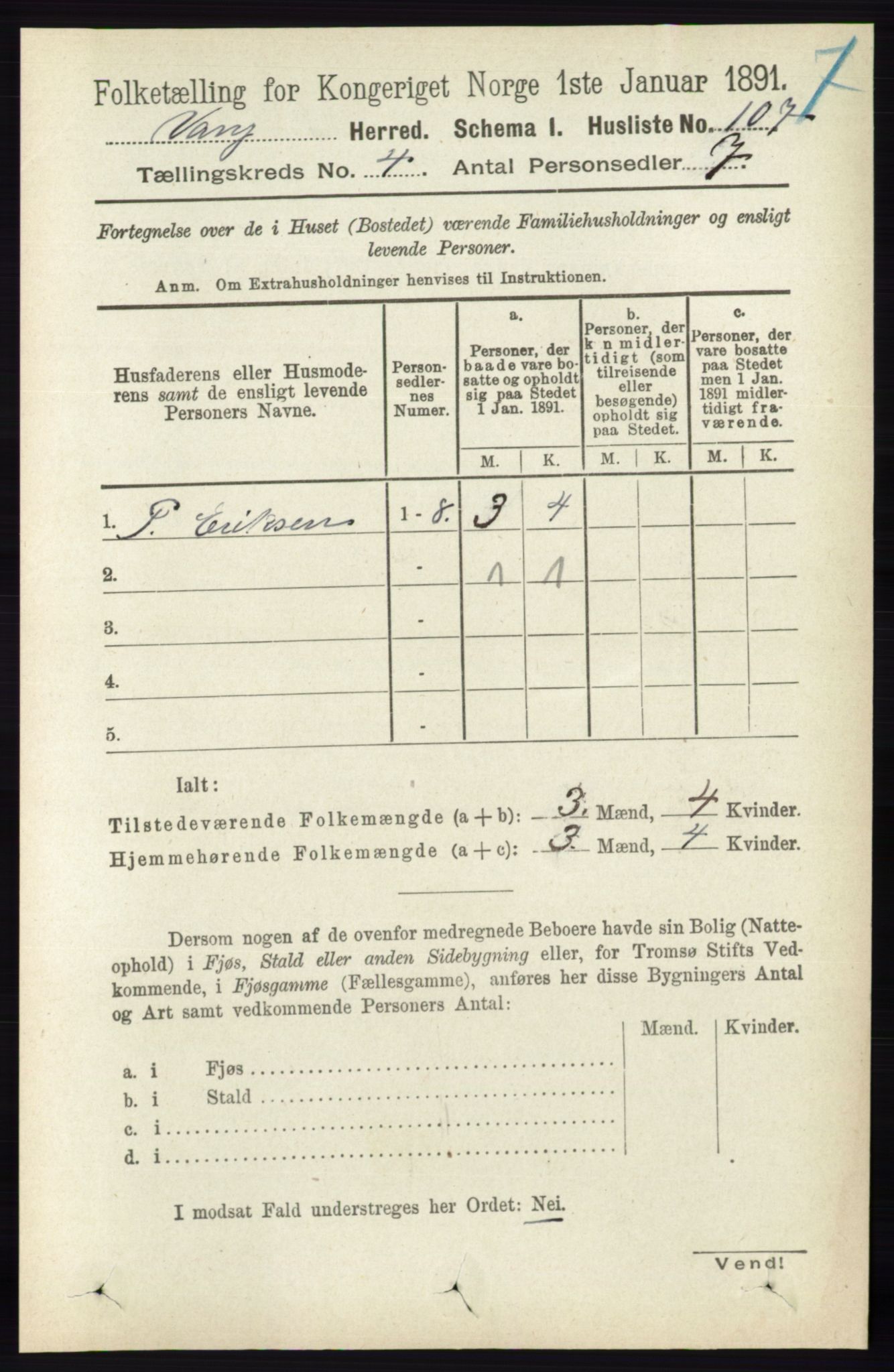 RA, 1891 census for 0414 Vang, 1891, p. 2736