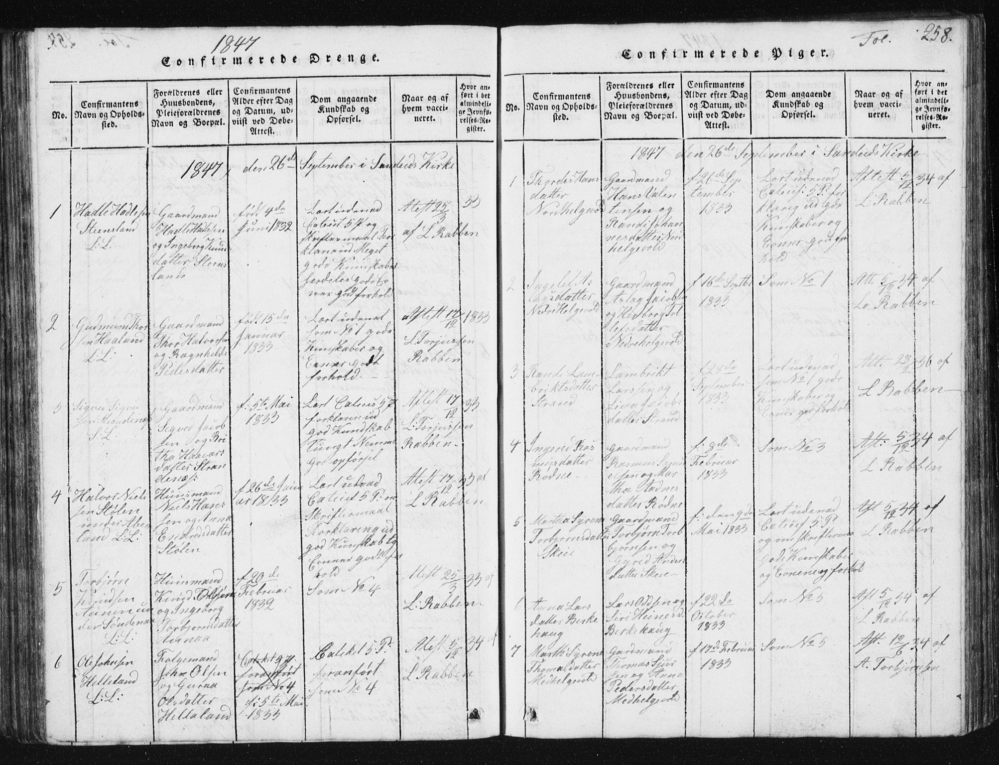 Vikedal sokneprestkontor, SAST/A-101840/01/V: Parish register (copy) no. B 2, 1816-1863, p. 258