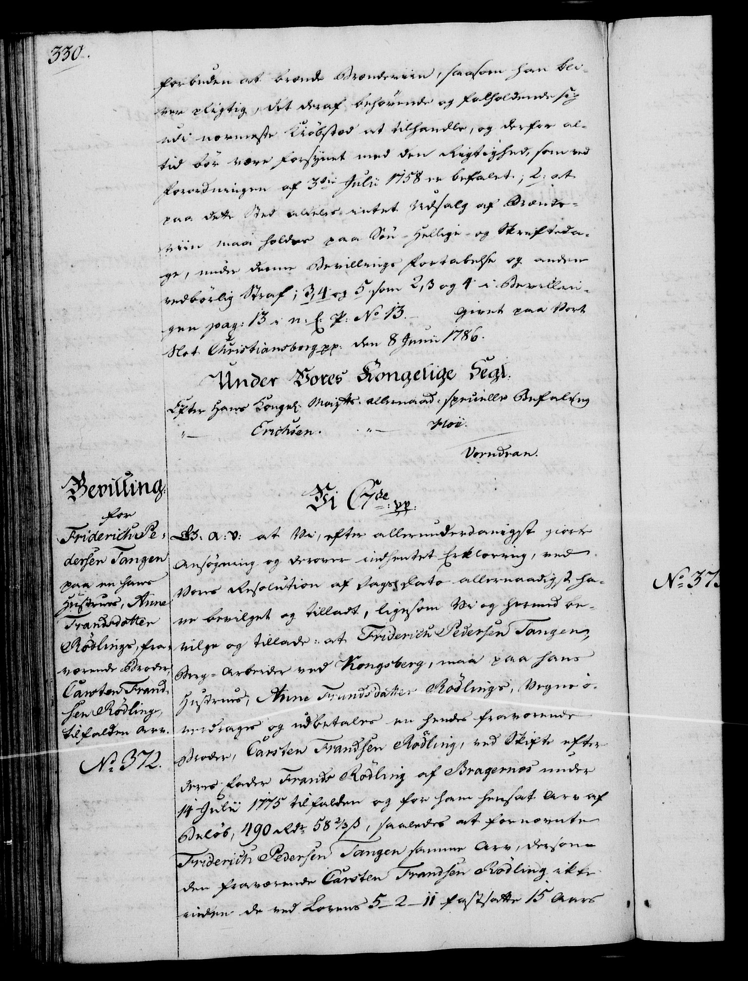 Rentekammeret, Kammerkanselliet, AV/RA-EA-3111/G/Gg/Gga/L0013: Norsk ekspedisjonsprotokoll med register (merket RK 53.13), 1784-1787, p. 330