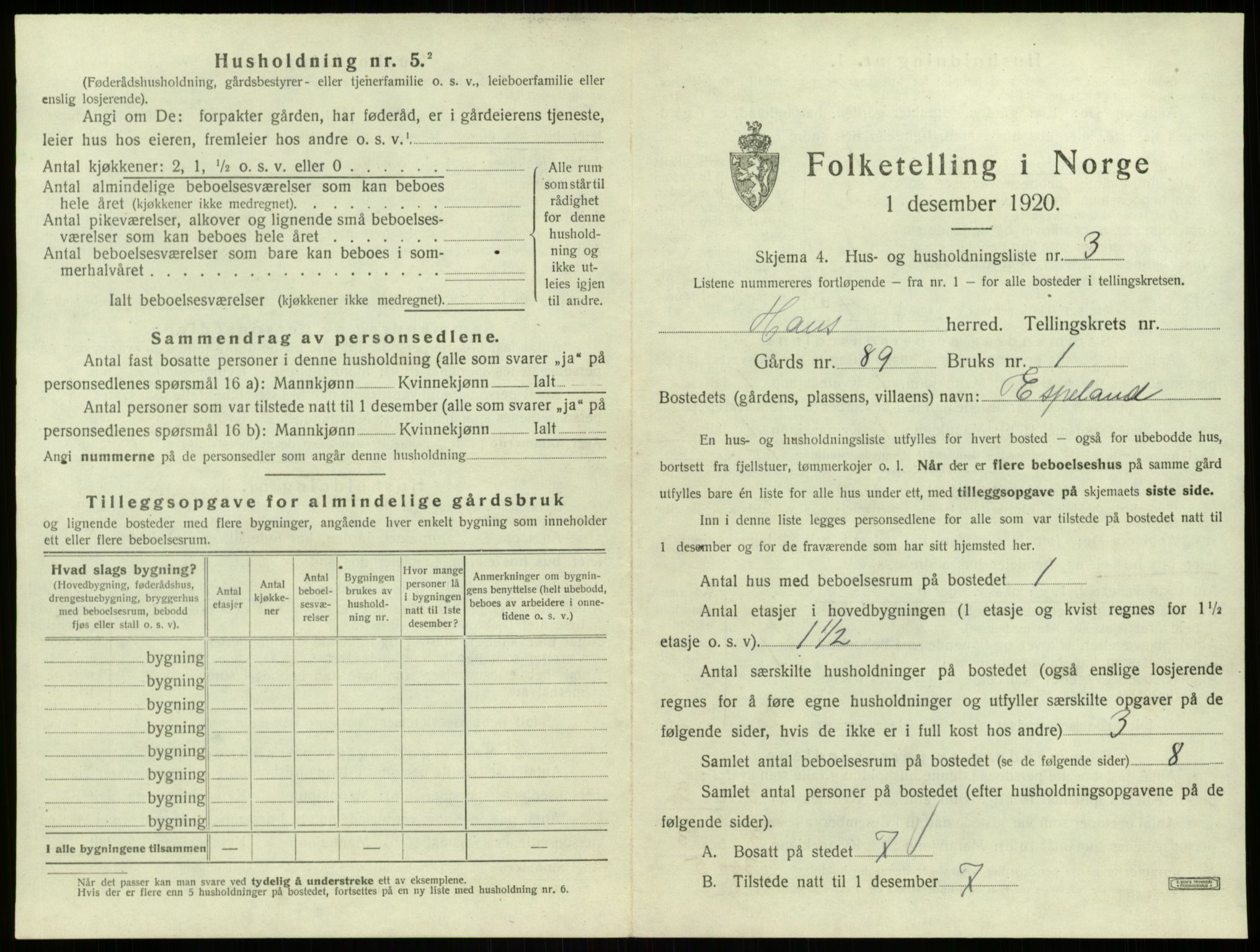 SAB, 1920 census for Haus, 1920, p. 1140