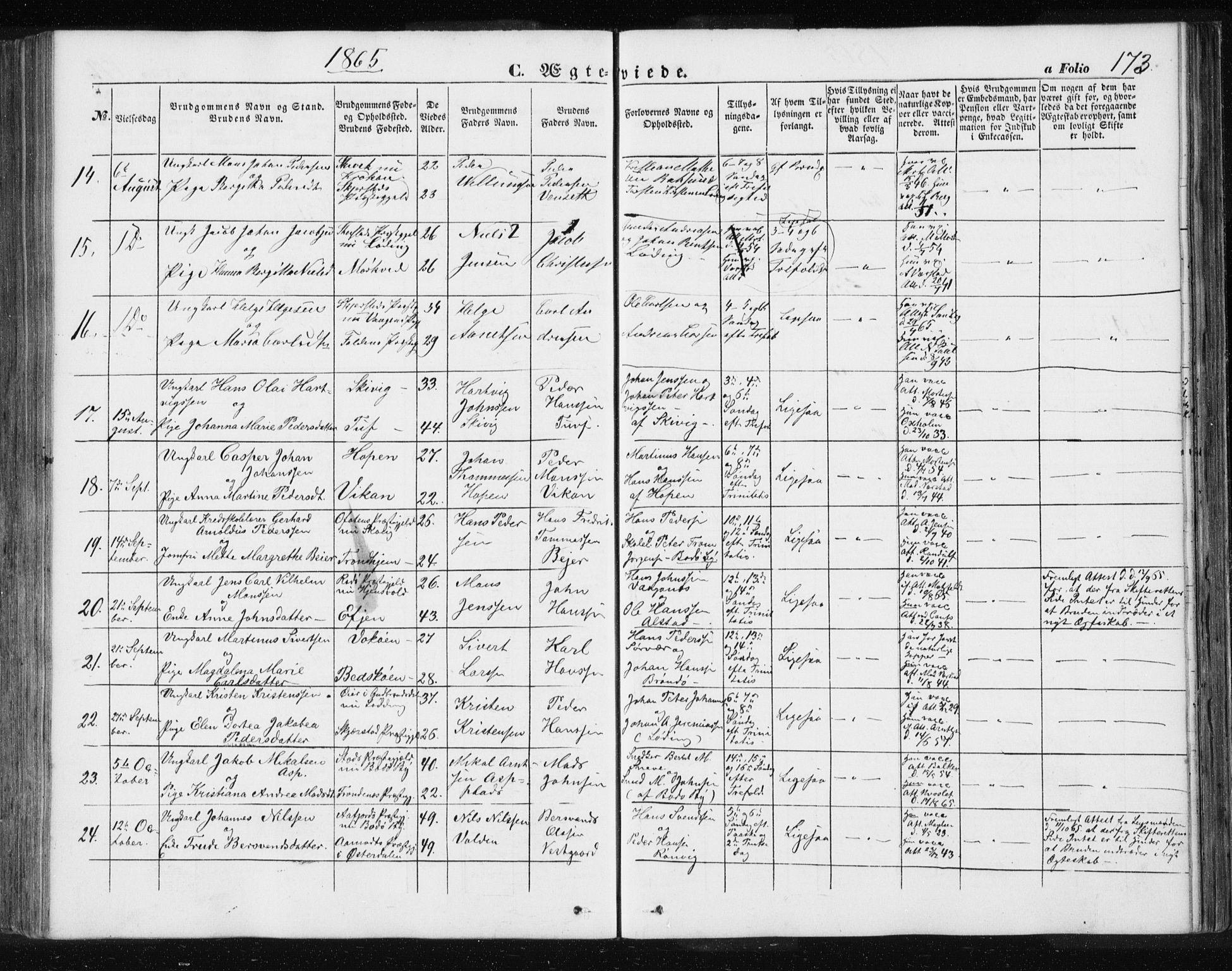 Ministerialprotokoller, klokkerbøker og fødselsregistre - Nordland, SAT/A-1459/801/L0028: Parish register (copy) no. 801C03, 1855-1867, p. 173