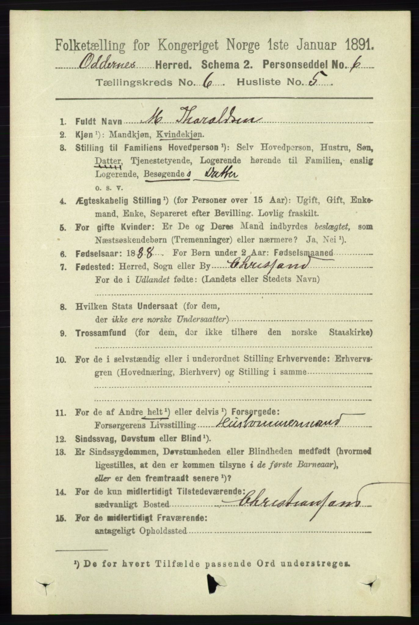 RA, 1891 census for 1012 Oddernes, 1891, p. 2217