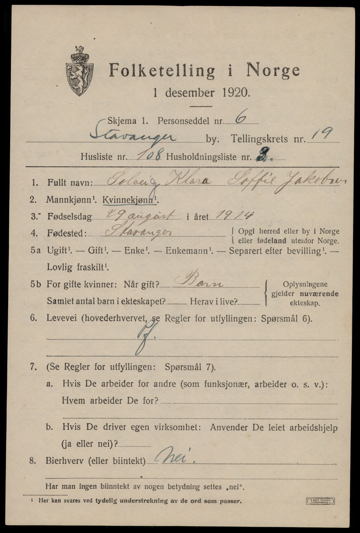 SAST, 1920 census for Stavanger, 1920, p. 69942