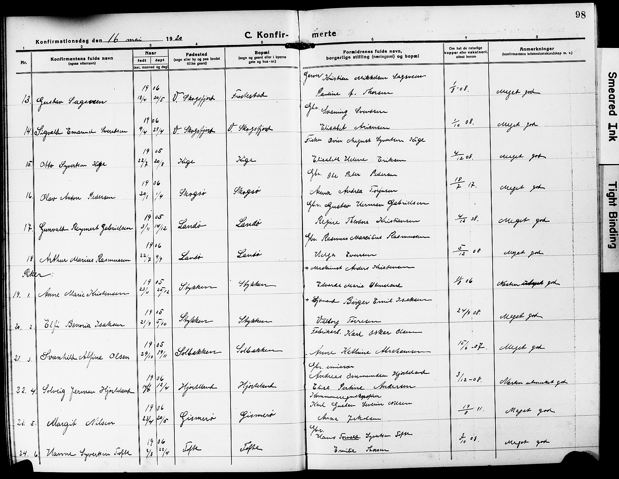 Mandal sokneprestkontor, SAK/1111-0030/F/Fb/Fba/L0013: Parish register (copy) no. B 7, 1918-1931, p. 98