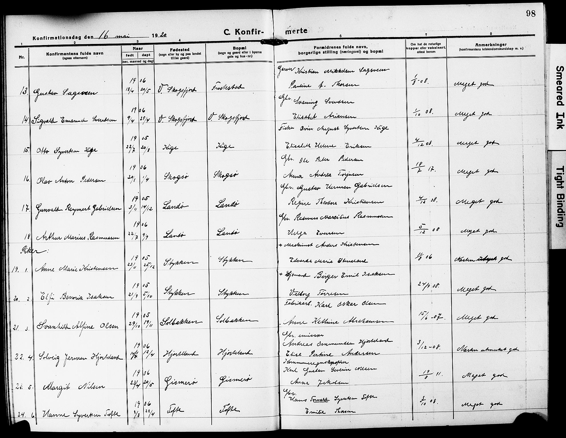 Mandal sokneprestkontor, AV/SAK-1111-0030/F/Fb/Fba/L0013: Parish register (copy) no. B 7, 1918-1931, p. 98