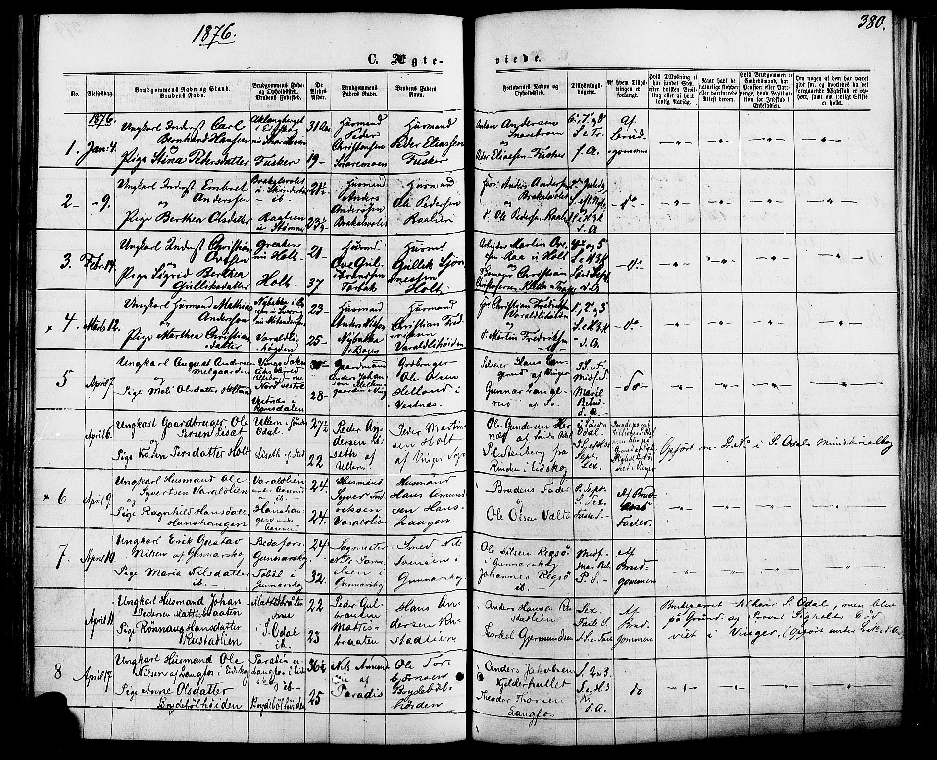 Vinger prestekontor, SAH/PREST-024/H/Ha/Haa/L0012: Parish register (official) no. 12, 1871-1880, p. 380