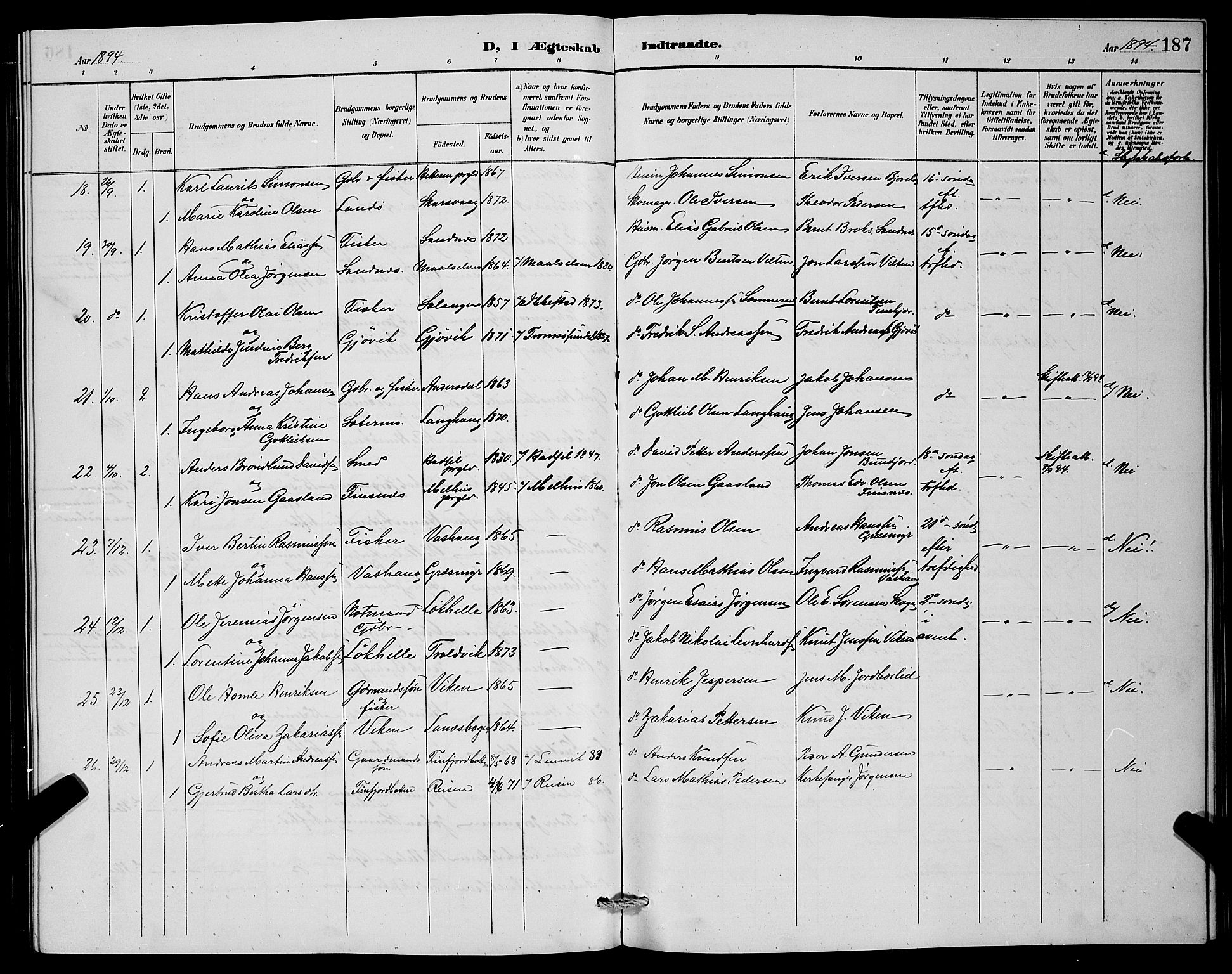 Lenvik sokneprestembete, SATØ/S-1310/H/Ha/Hab/L0007klokker: Parish register (copy) no. 7, 1890-1898, p. 187