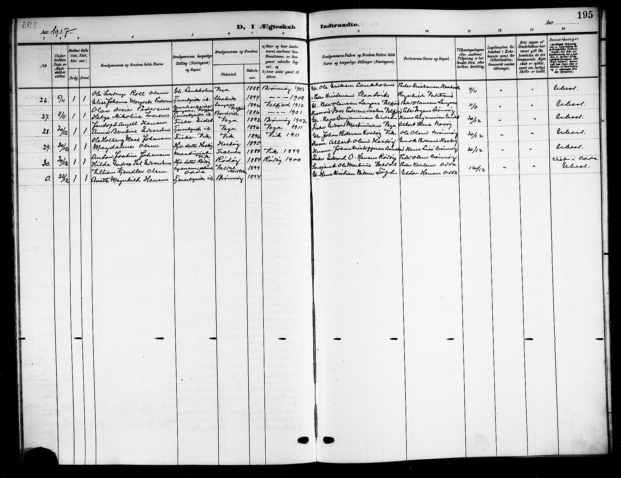 Ministerialprotokoller, klokkerbøker og fødselsregistre - Nordland, AV/SAT-A-1459/813/L0214: Parish register (copy) no. 813C06, 1904-1917, p. 195