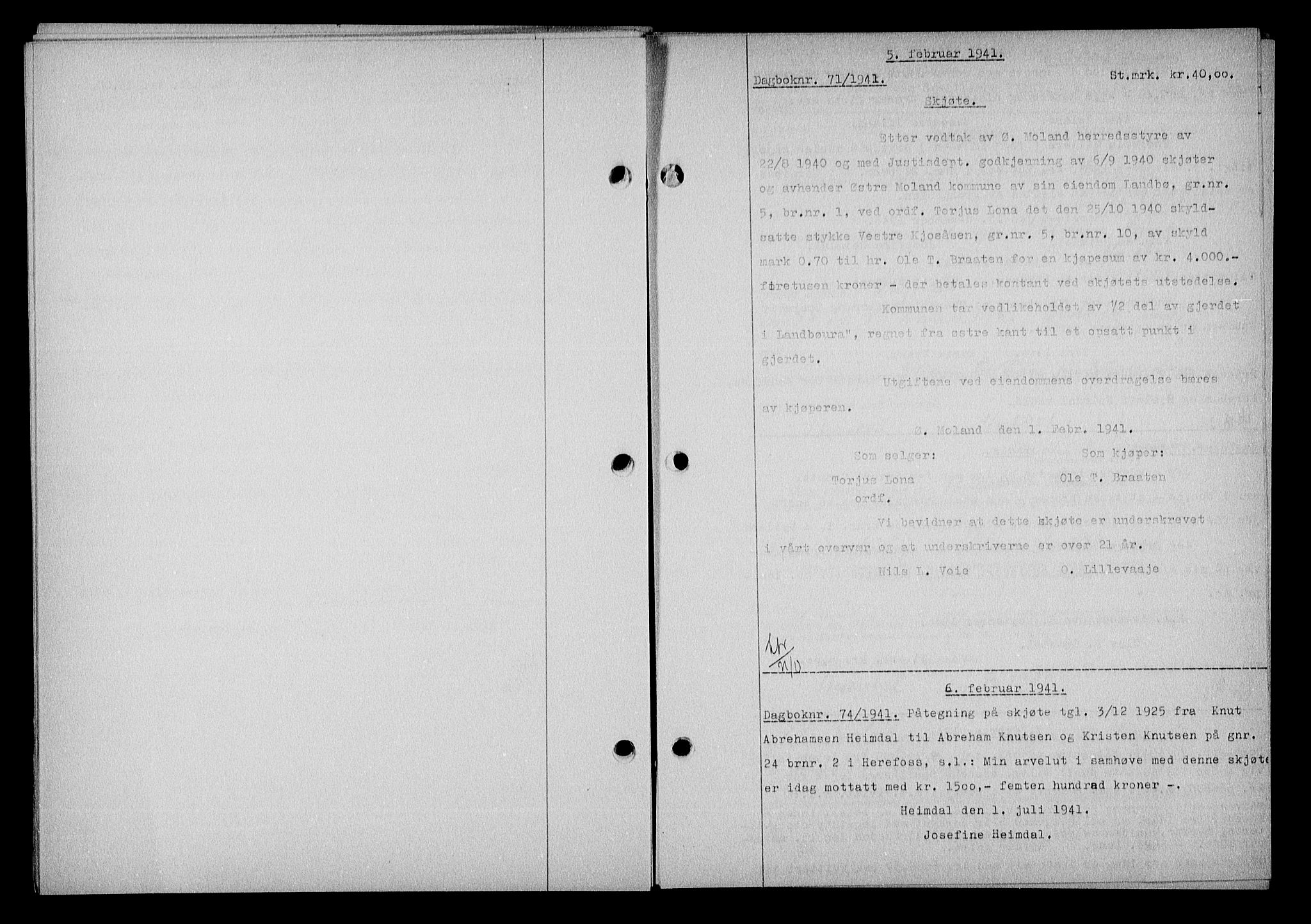 Nedenes sorenskriveri, SAK/1221-0006/G/Gb/Gba/L0048: Mortgage book no. A-II, 1940-1941, Diary no: : 71/1941