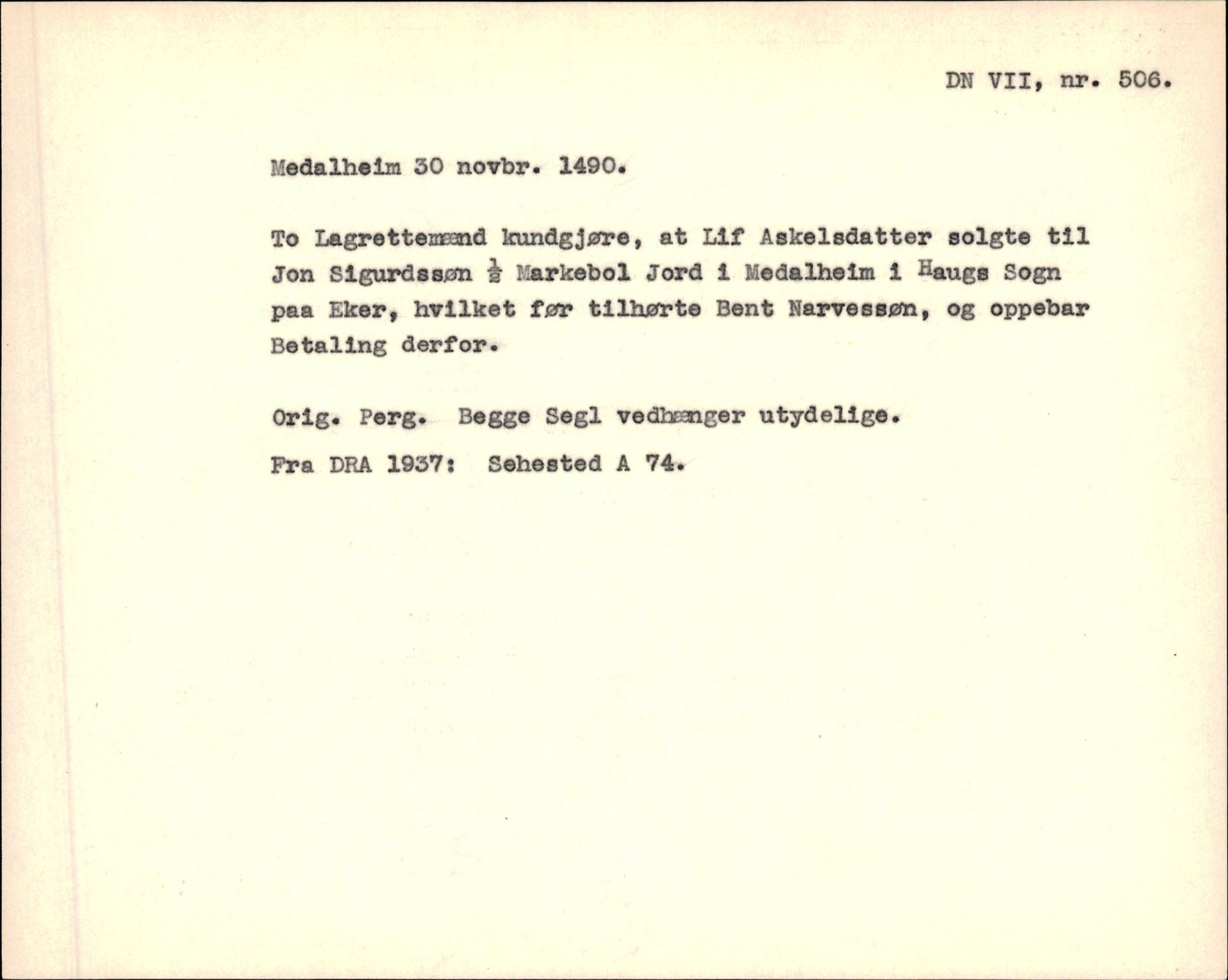 Riksarkivets diplomsamling, AV/RA-EA-5965/F35/F35f/L0001: Regestsedler: Diplomer fra DRA 1937 og 1996, p. 375