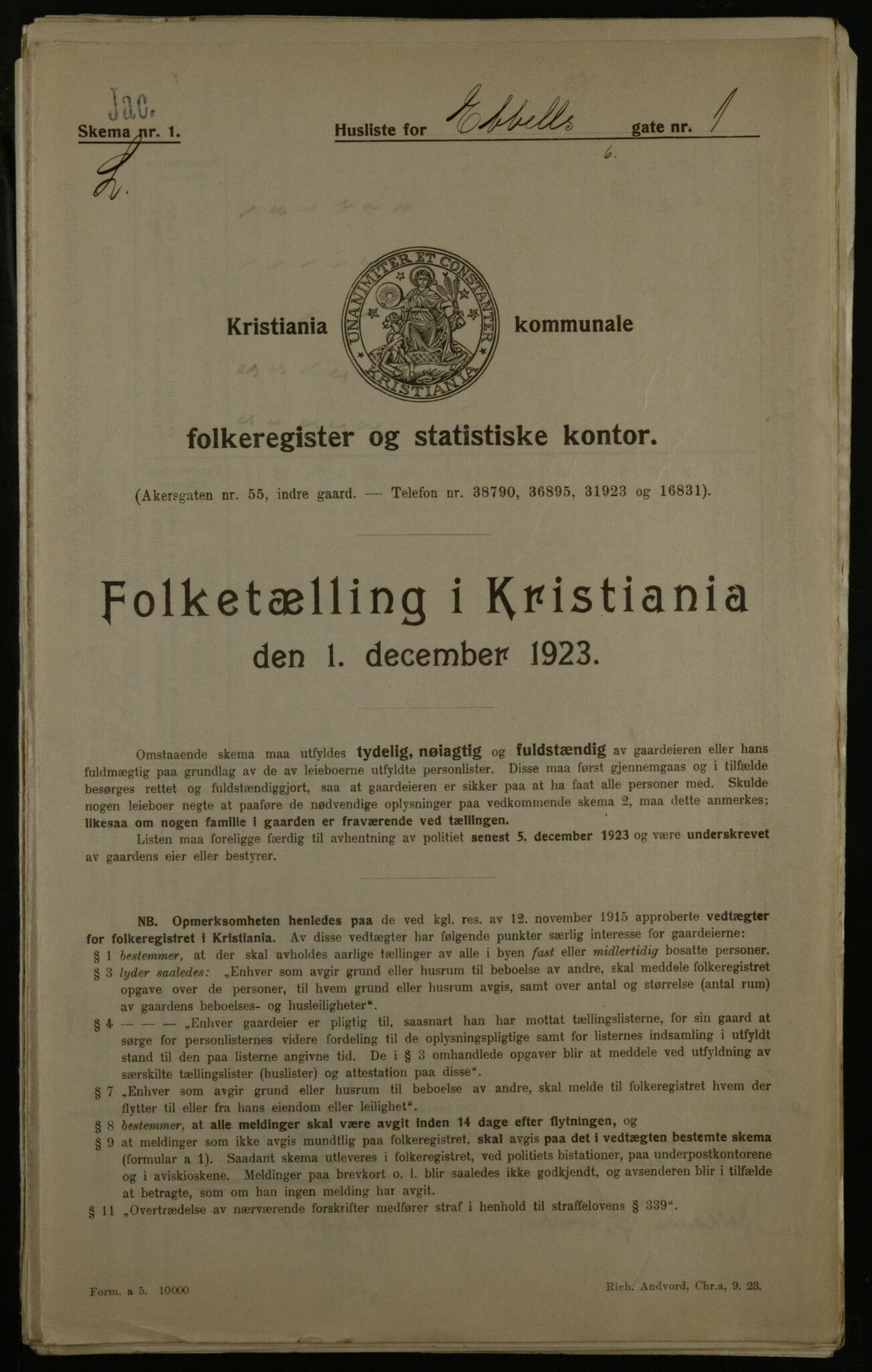 OBA, Municipal Census 1923 for Kristiania, 1923, p. 20151