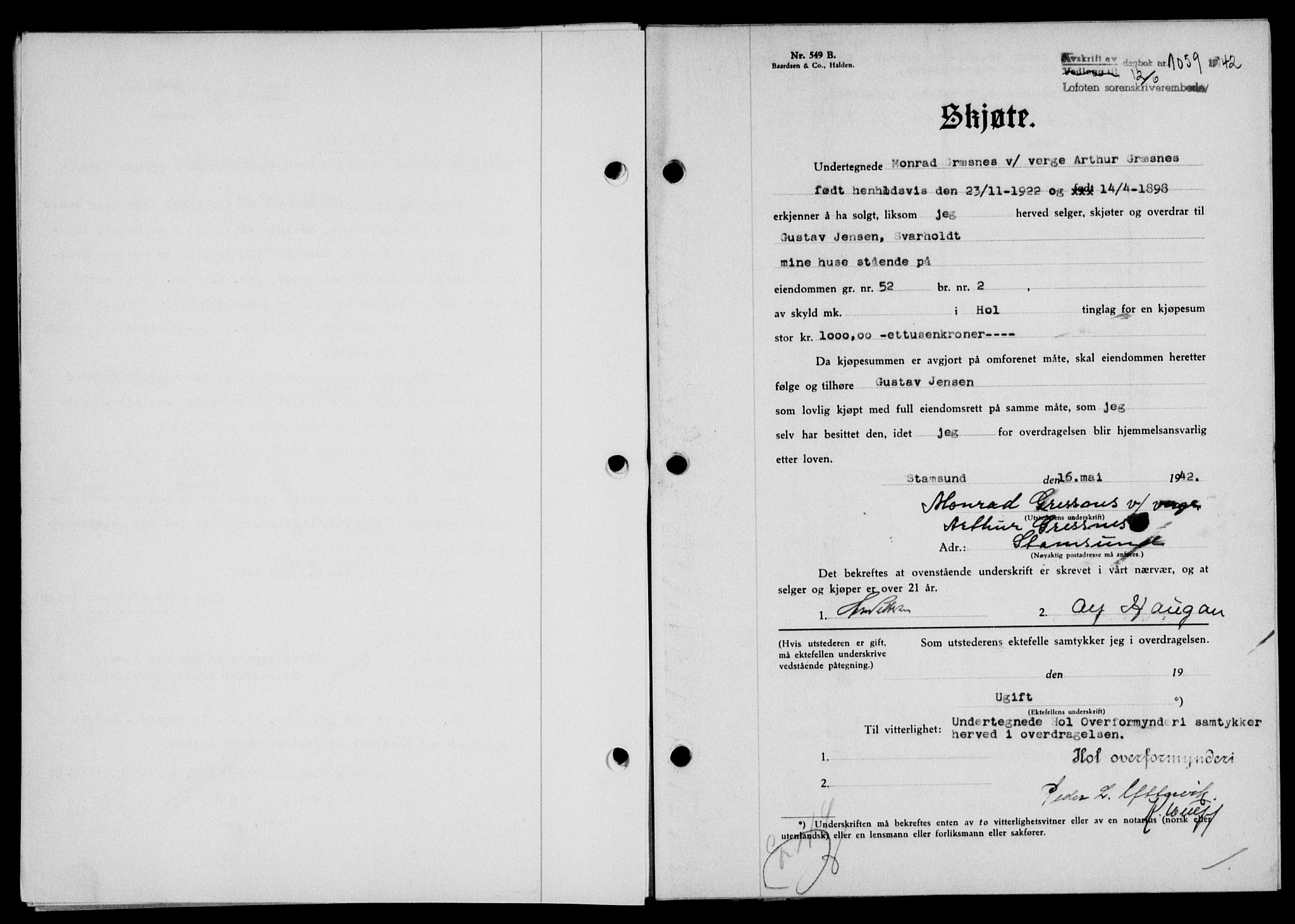 Lofoten sorenskriveri, AV/SAT-A-0017/1/2/2C/L0010a: Mortgage book no. 10a, 1942-1943, Diary no: : 1059/1942