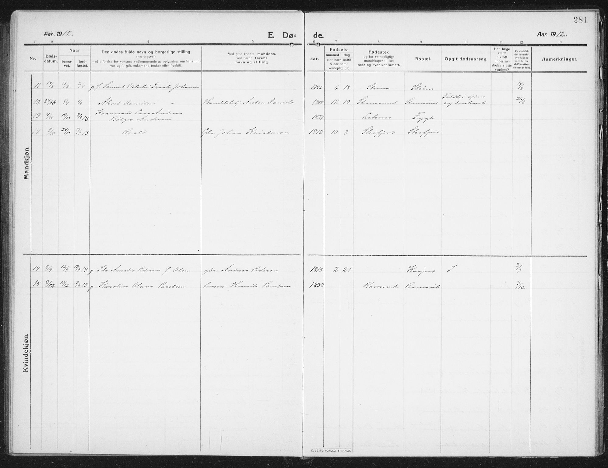 Ministerialprotokoller, klokkerbøker og fødselsregistre - Nordland, AV/SAT-A-1459/882/L1183: Parish register (copy) no. 882C01, 1911-1938, p. 281