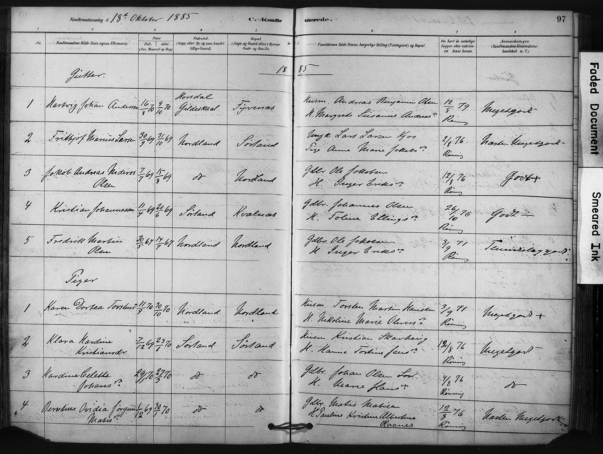 Ministerialprotokoller, klokkerbøker og fødselsregistre - Nordland, AV/SAT-A-1459/807/L0122: Parish register (official) no. 807A05, 1880-1902, p. 97