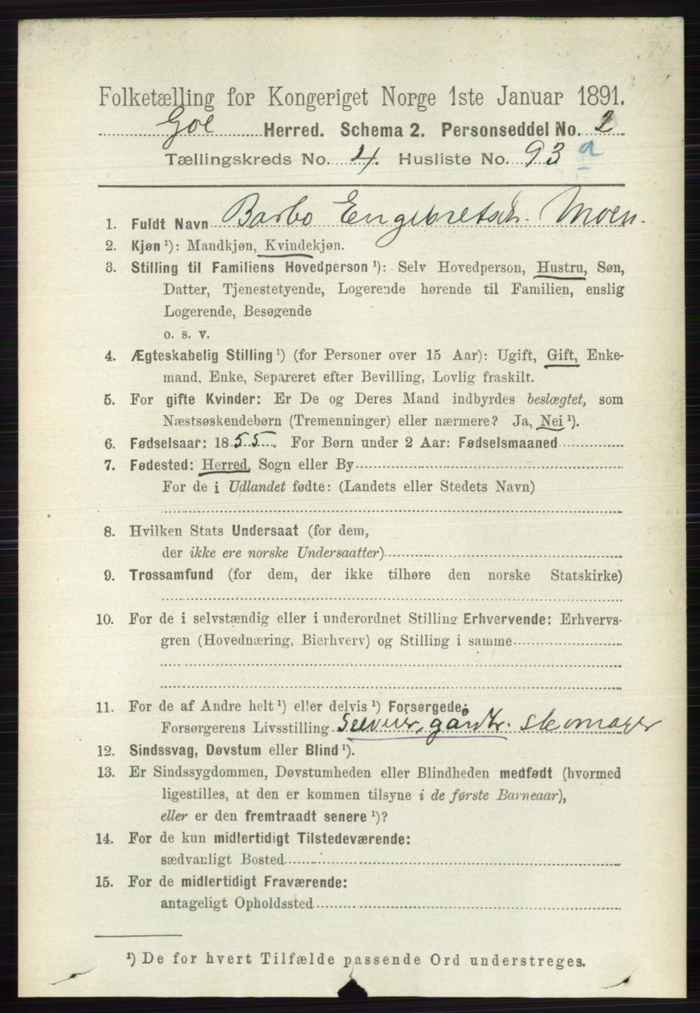 RA, 1891 census for 0617 Gol og Hemsedal, 1891, p. 2277