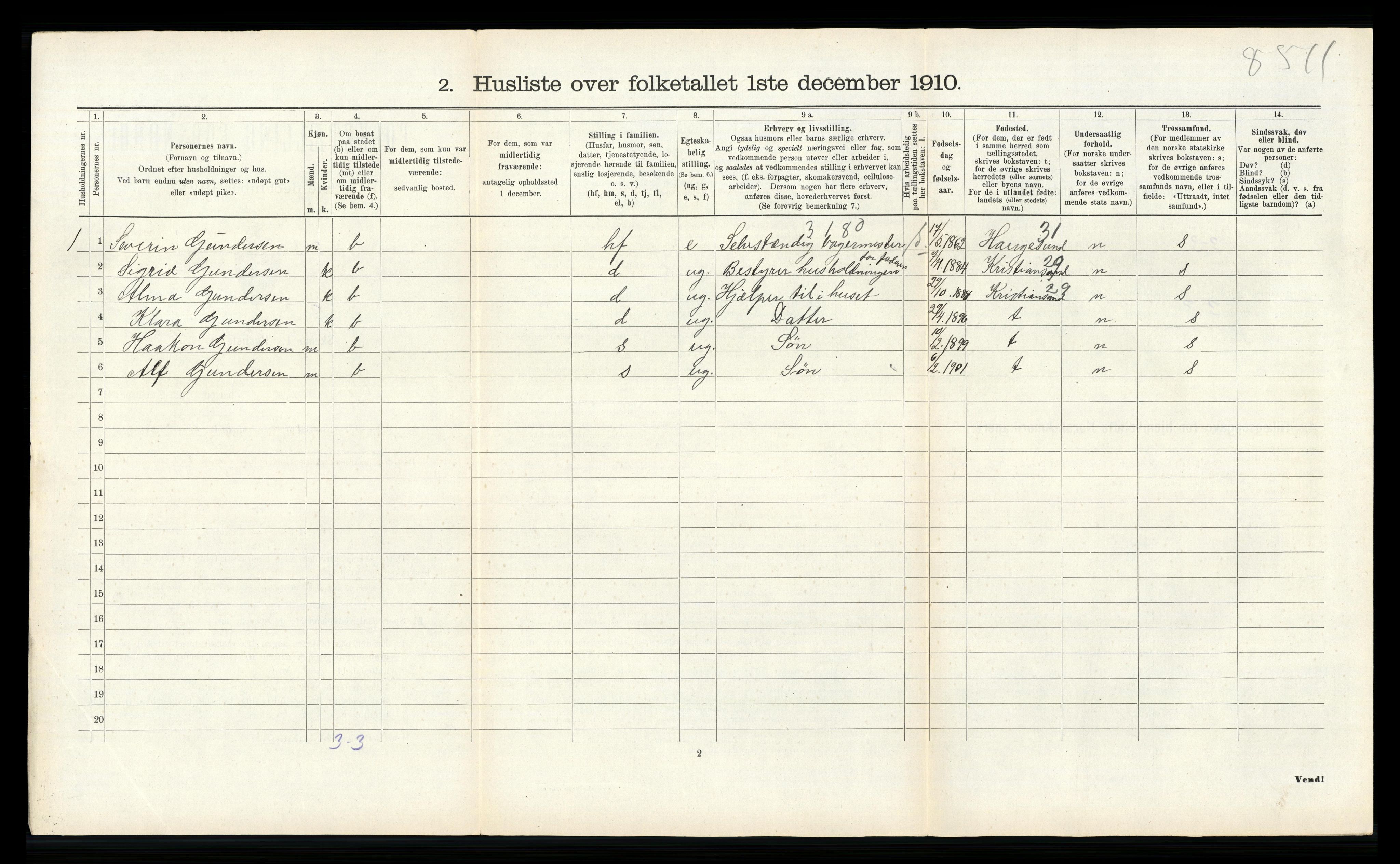 RA, 1910 census for Vennesla, 1910, p. 459