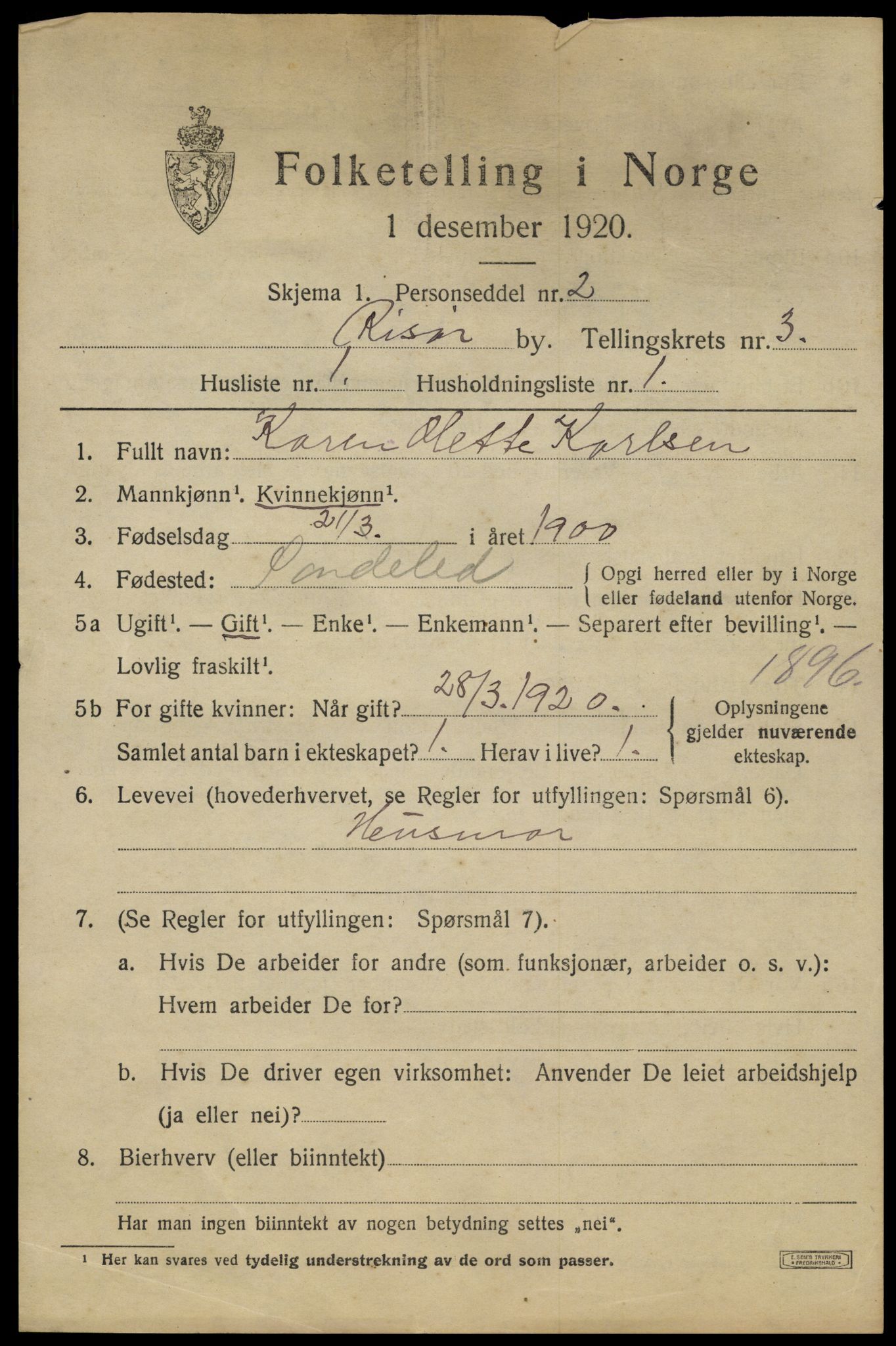 SAK, 1920 census for Risør, 1920, p. 7713