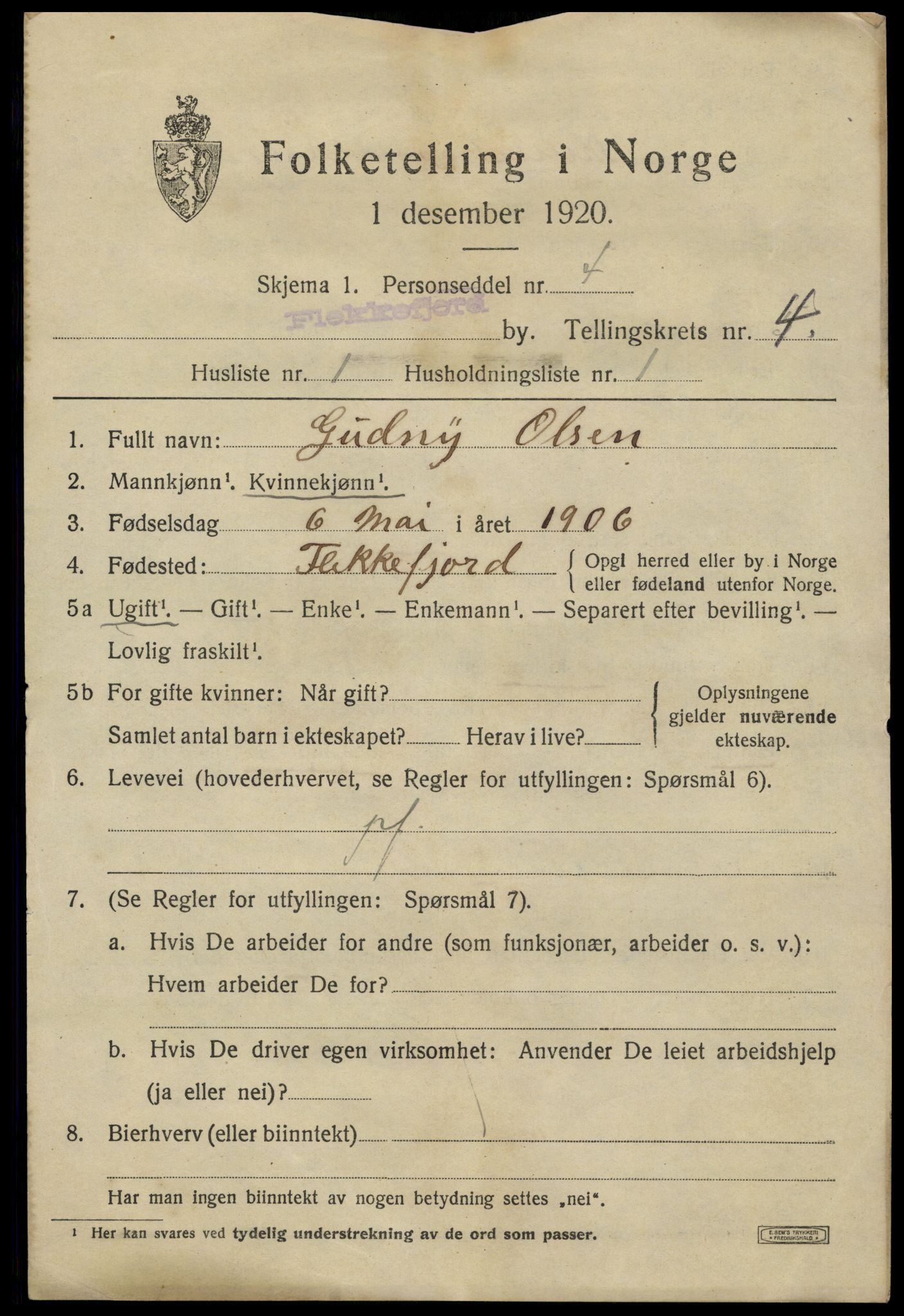 SAK, 1920 census for Flekkefjord, 1920, p. 4442