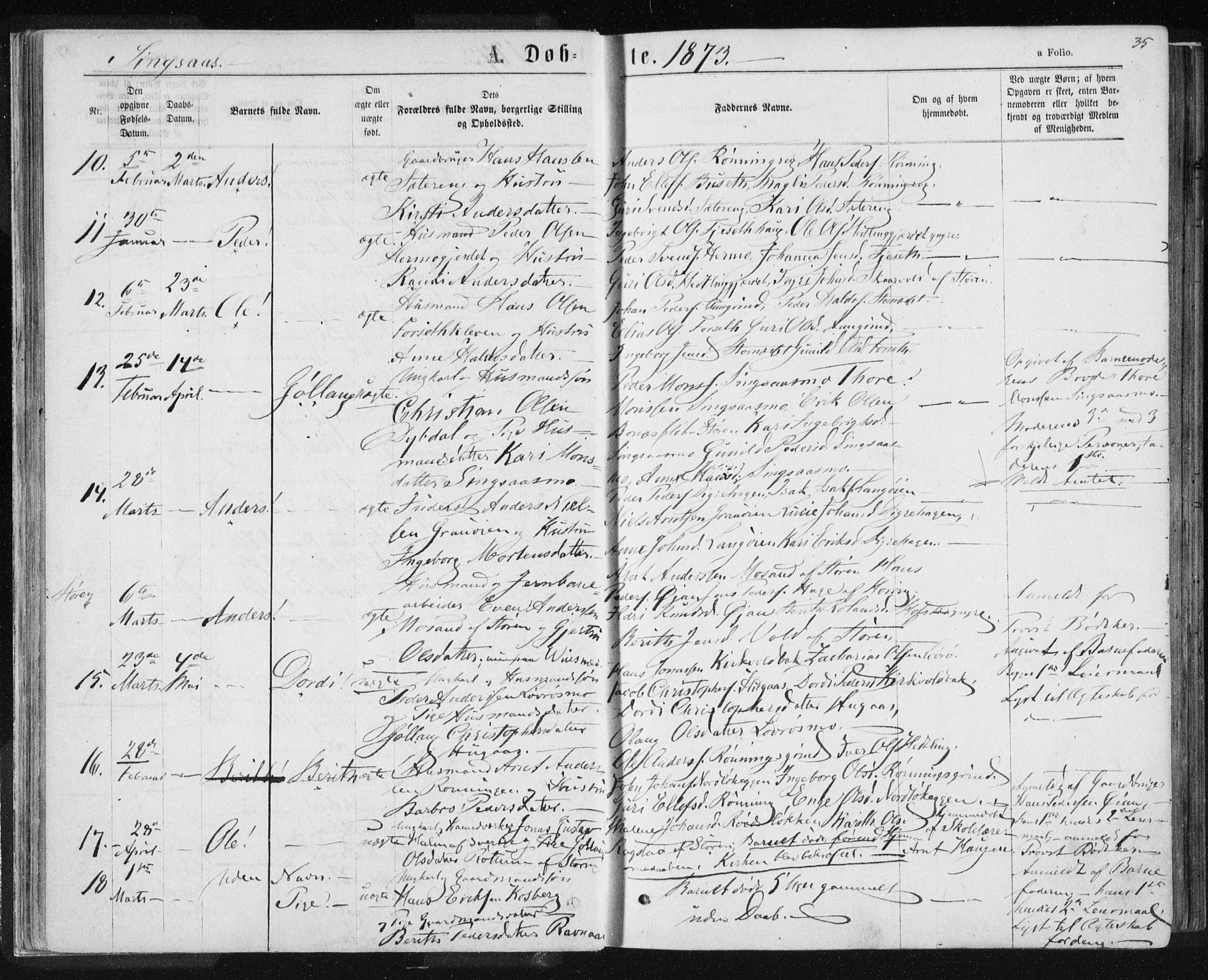 Ministerialprotokoller, klokkerbøker og fødselsregistre - Sør-Trøndelag, AV/SAT-A-1456/685/L0970: Parish register (official) no. 685A08 /2, 1870-1878, p. 35