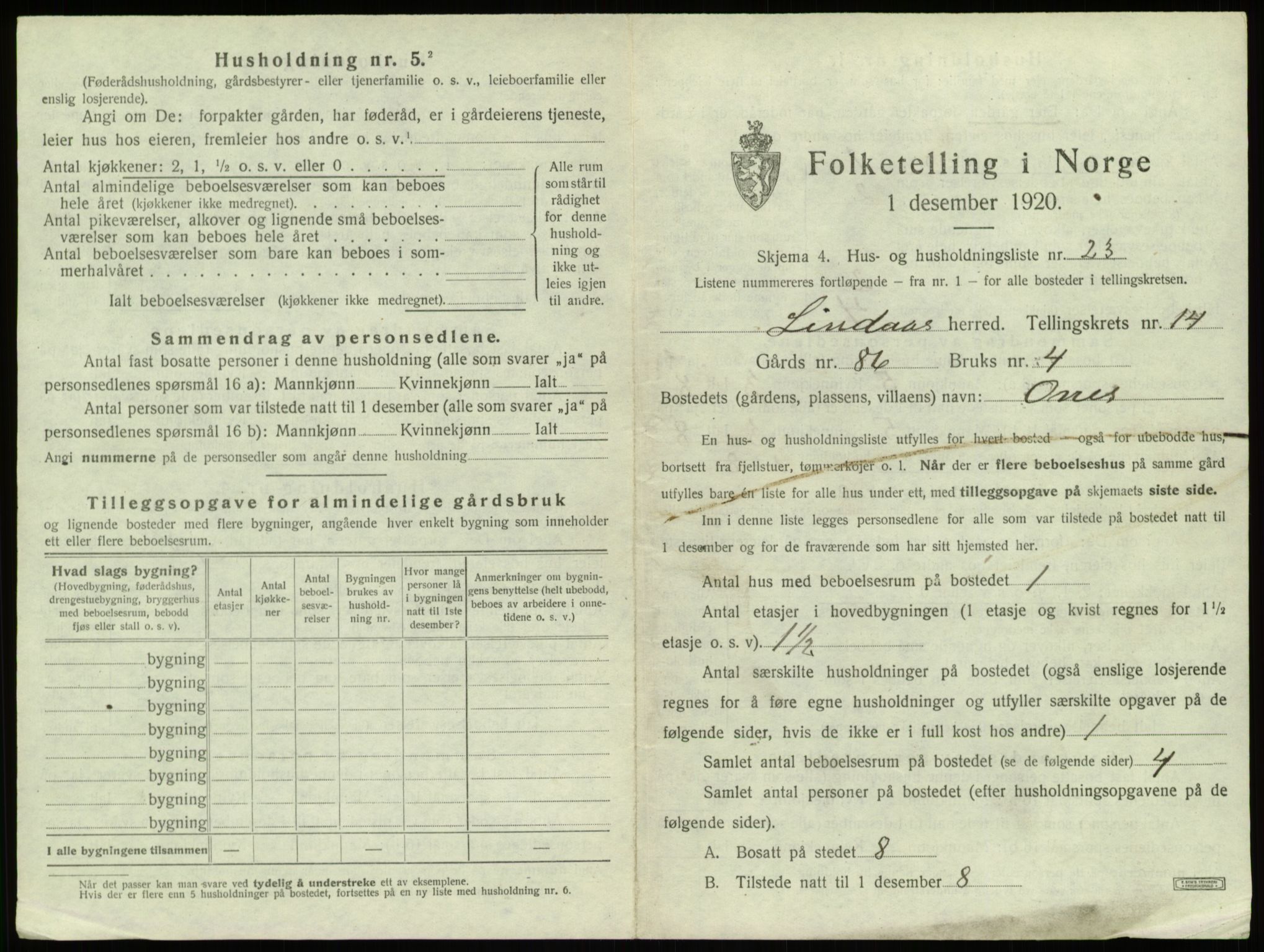 SAB, 1920 census for Lindås, 1920, p. 992