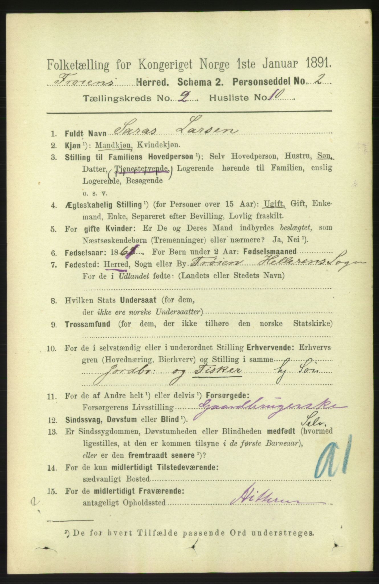 RA, 1891 census for 1619 Frøya, 1891, p. 1002