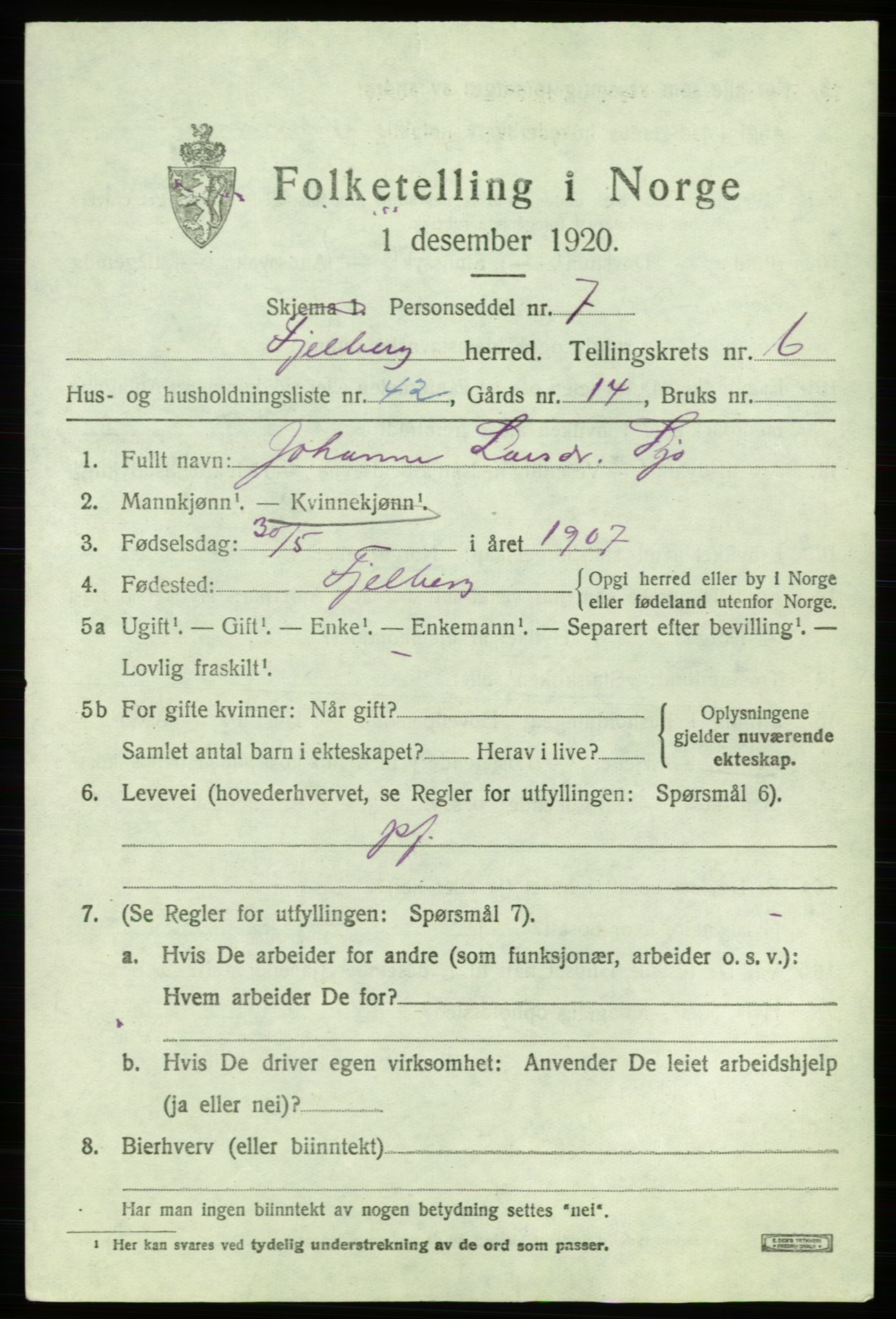 SAB, 1920 census for Fjelberg, 1920, p. 2729