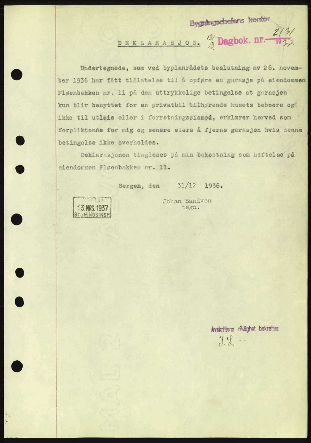 Byfogd og Byskriver i Bergen, SAB/A-3401/03/03Bc/L0004: Mortgage book no. A3-4, 1936-1937, Diary no: : 2131/1937