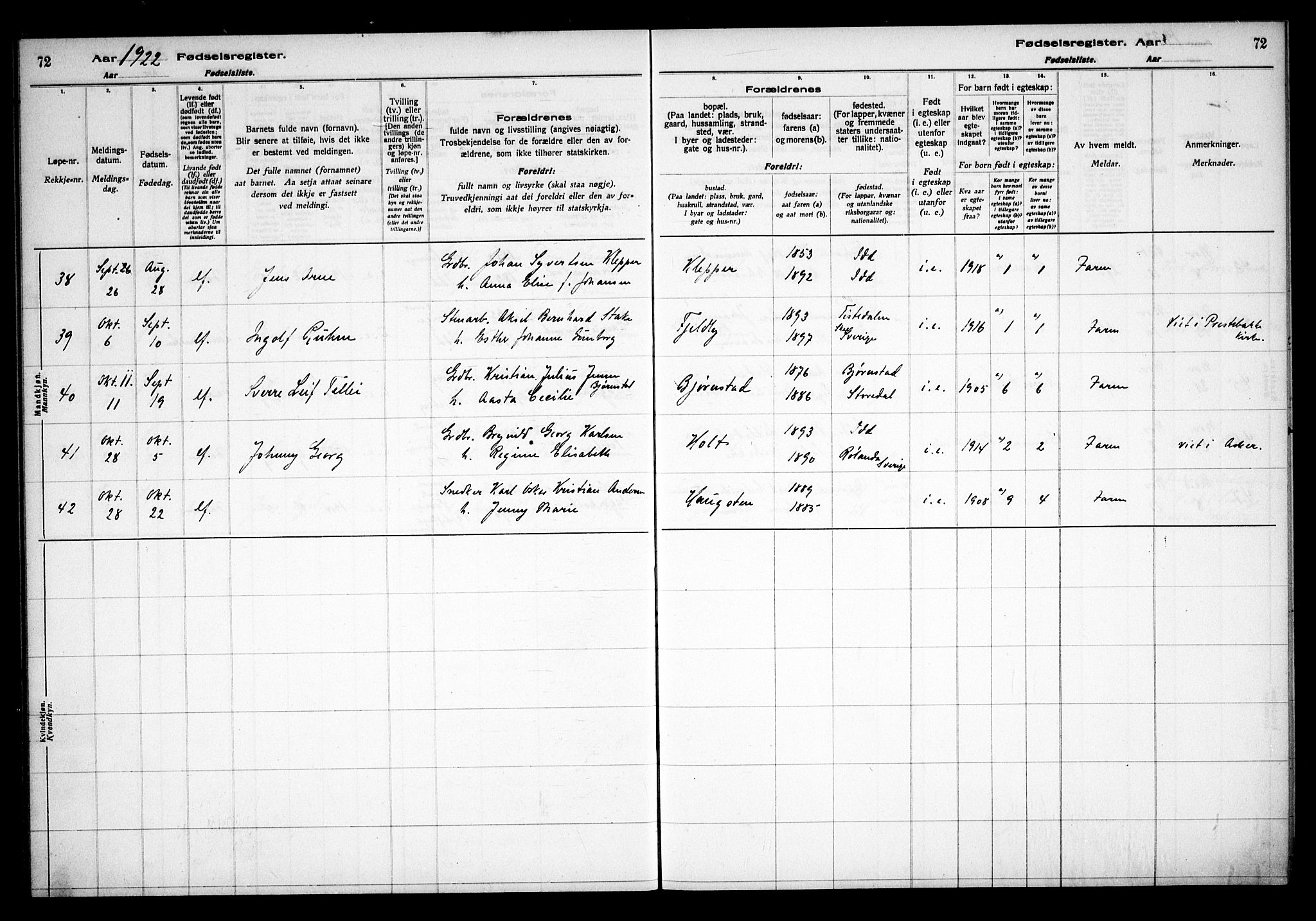 Idd prestekontor Kirkebøker, AV/SAO-A-10911/J/Ja/L0001: Birth register no. I 1, 1916-1937, p. 72