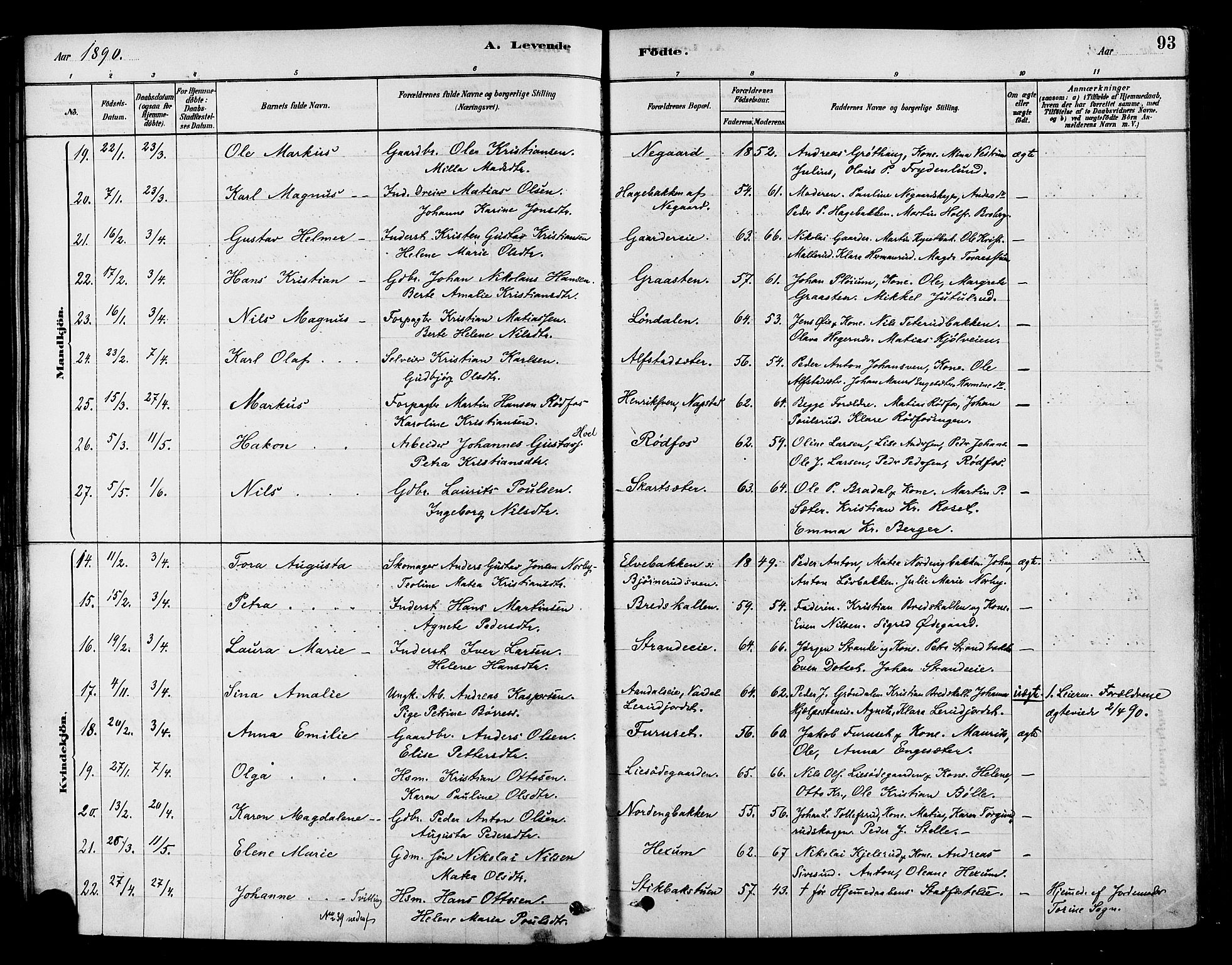 Vestre Toten prestekontor, AV/SAH-PREST-108/H/Ha/Haa/L0009: Parish register (official) no. 9, 1878-1894, p. 93