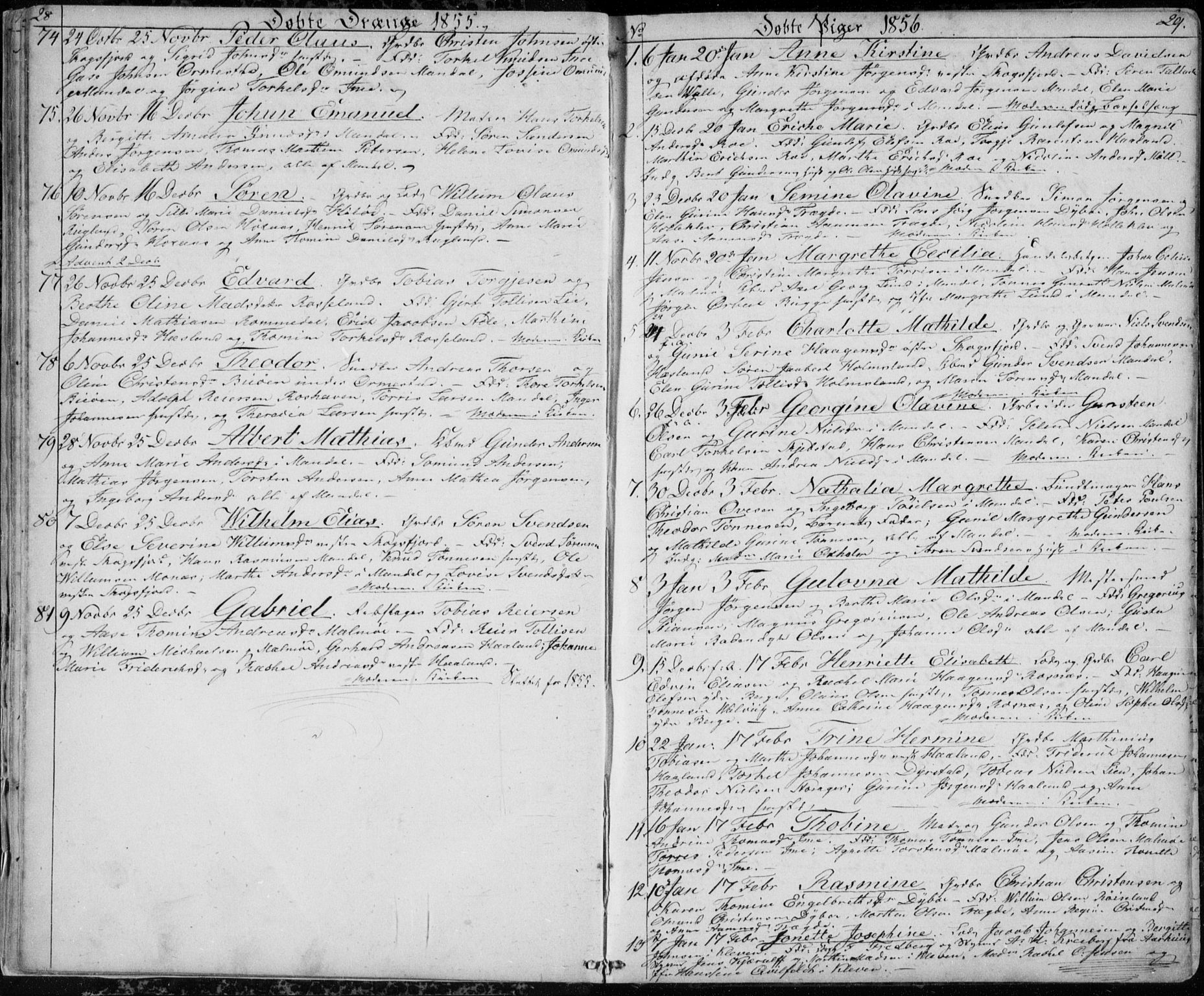 Mandal sokneprestkontor, SAK/1111-0030/F/Fb/Fba/L0008: Parish register (copy) no. B 2, 1854-1868, p. 28-29