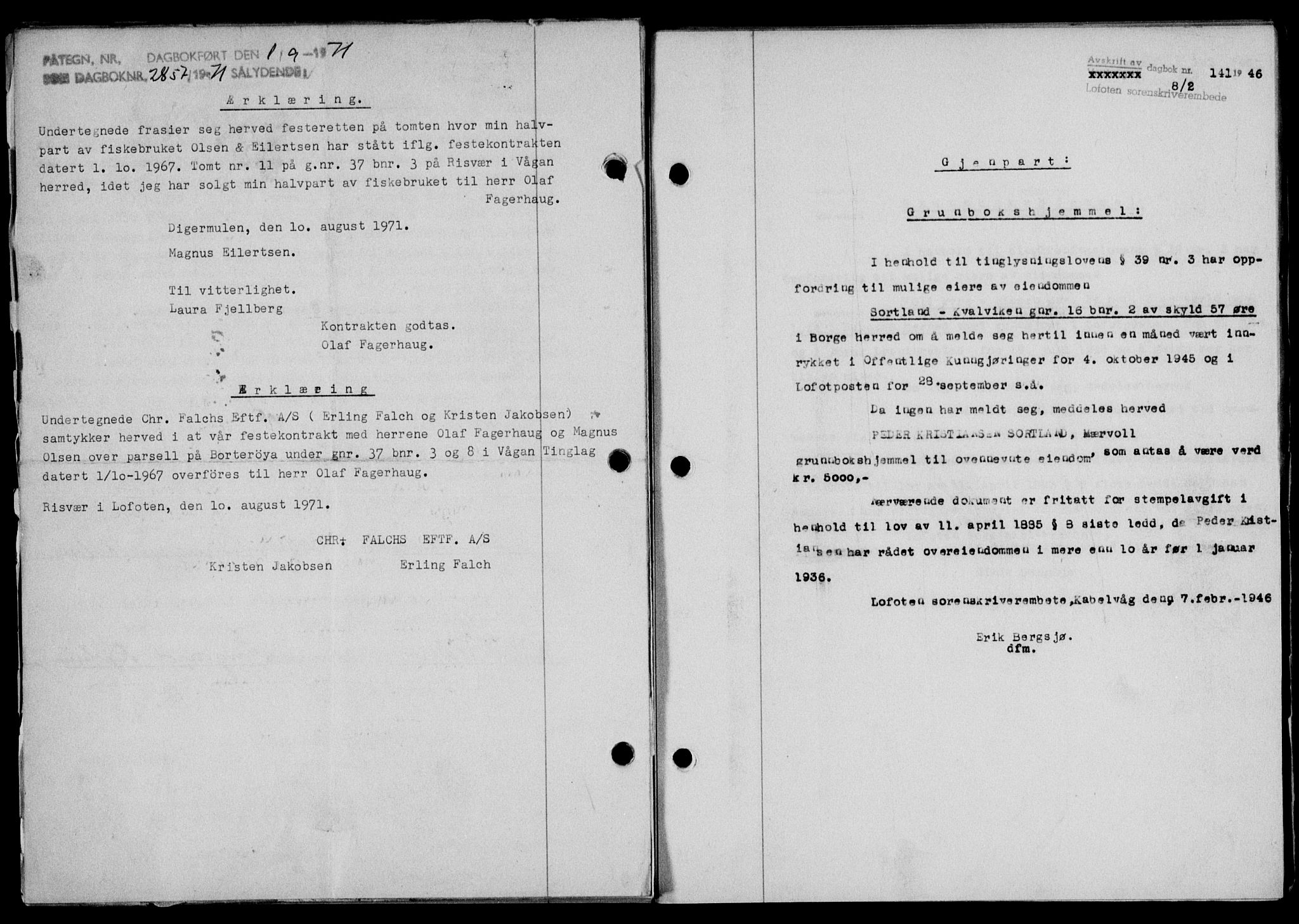 Lofoten sorenskriveri, SAT/A-0017/1/2/2C/L0013a: Mortgage book no. 13a, 1944-1946, Diary no: : 141/1946