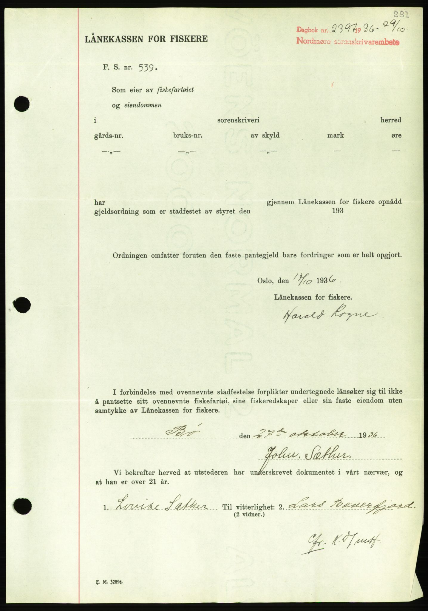 Nordmøre sorenskriveri, AV/SAT-A-4132/1/2/2Ca/L0090: Mortgage book no. B80, 1936-1937, Diary no: : 2397/1936