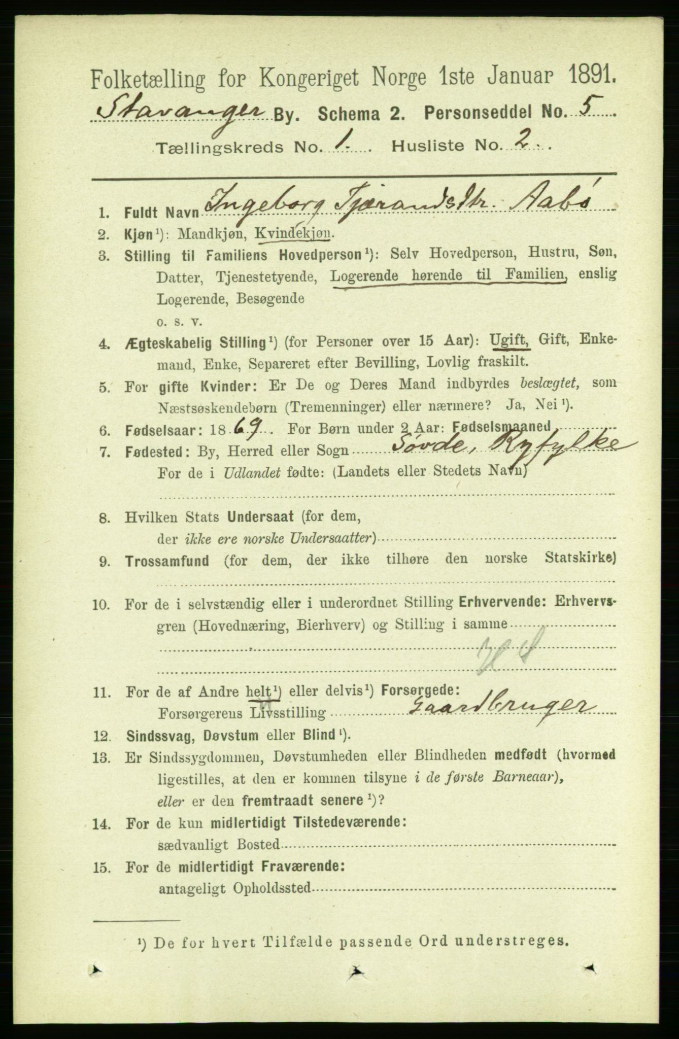 RA, 1891 census for 1103 Stavanger, 1891, p. 5142