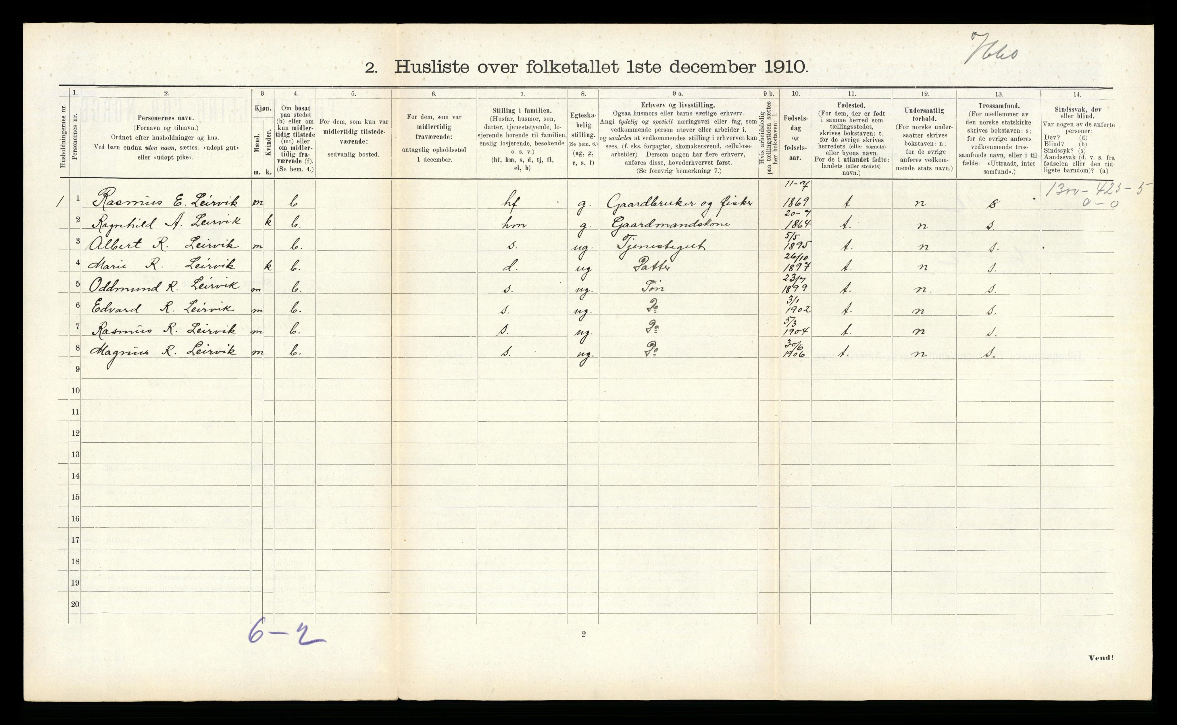 RA, 1910 census for Bremanger, 1910, p. 632