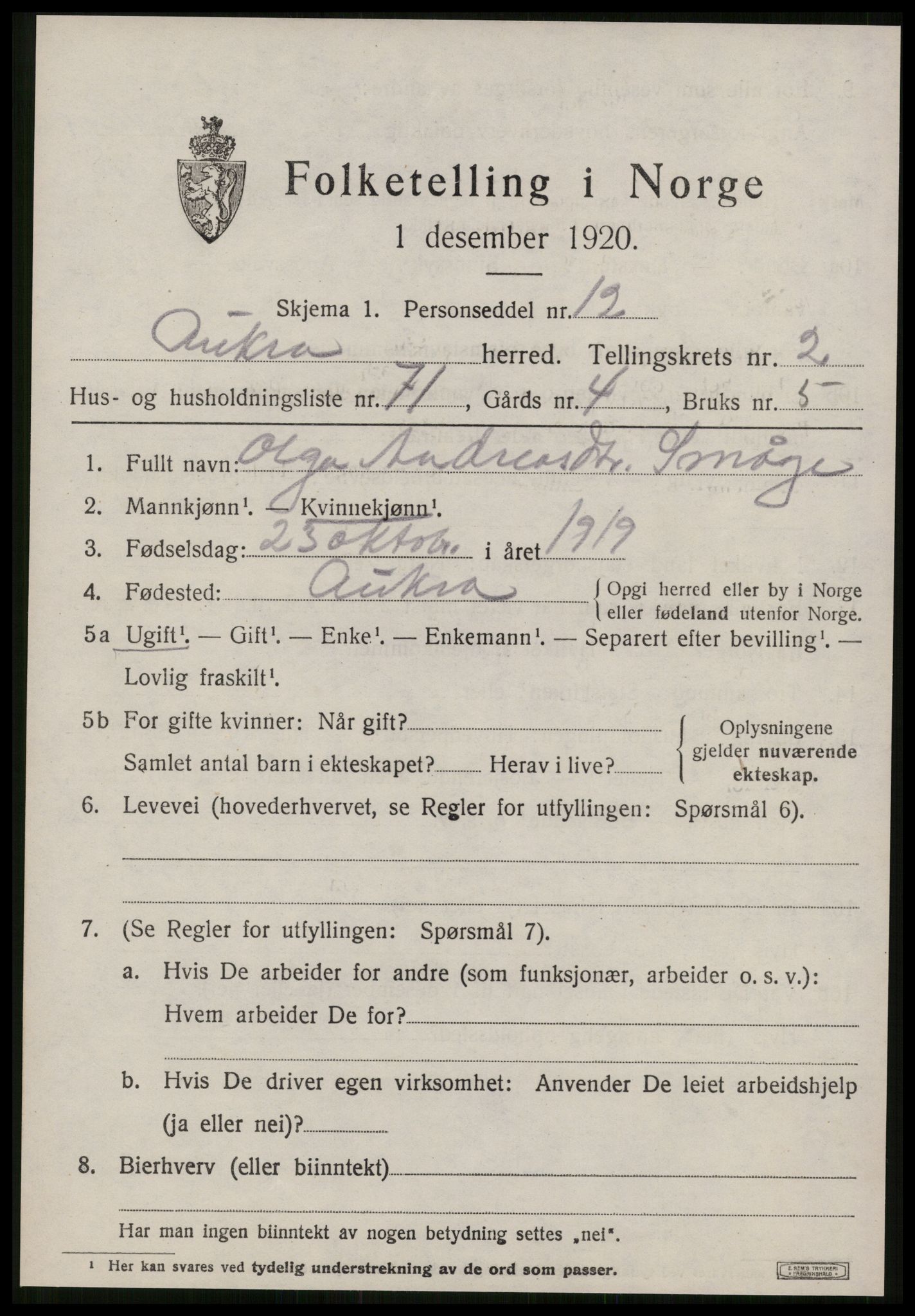 SAT, 1920 census for Aukra, 1920, p. 2495