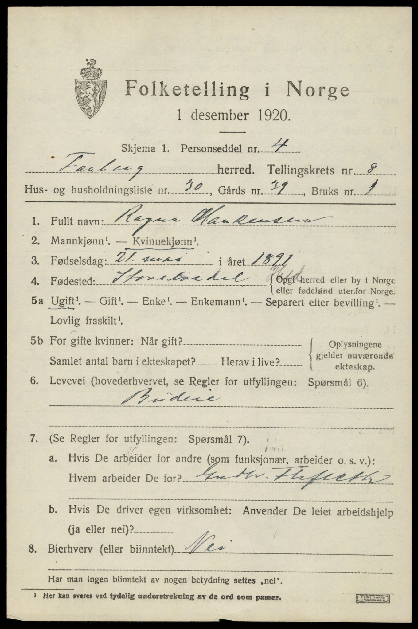 SAH, 1920 census for Fåberg, 1920, p. 9542