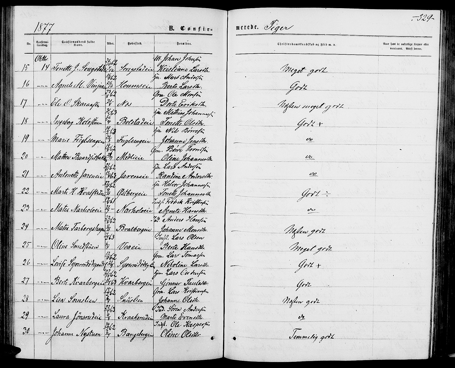 Ringsaker prestekontor, AV/SAH-PREST-014/L/La/L0008: Parish register (copy) no. 8, 1870-1878, p. 329