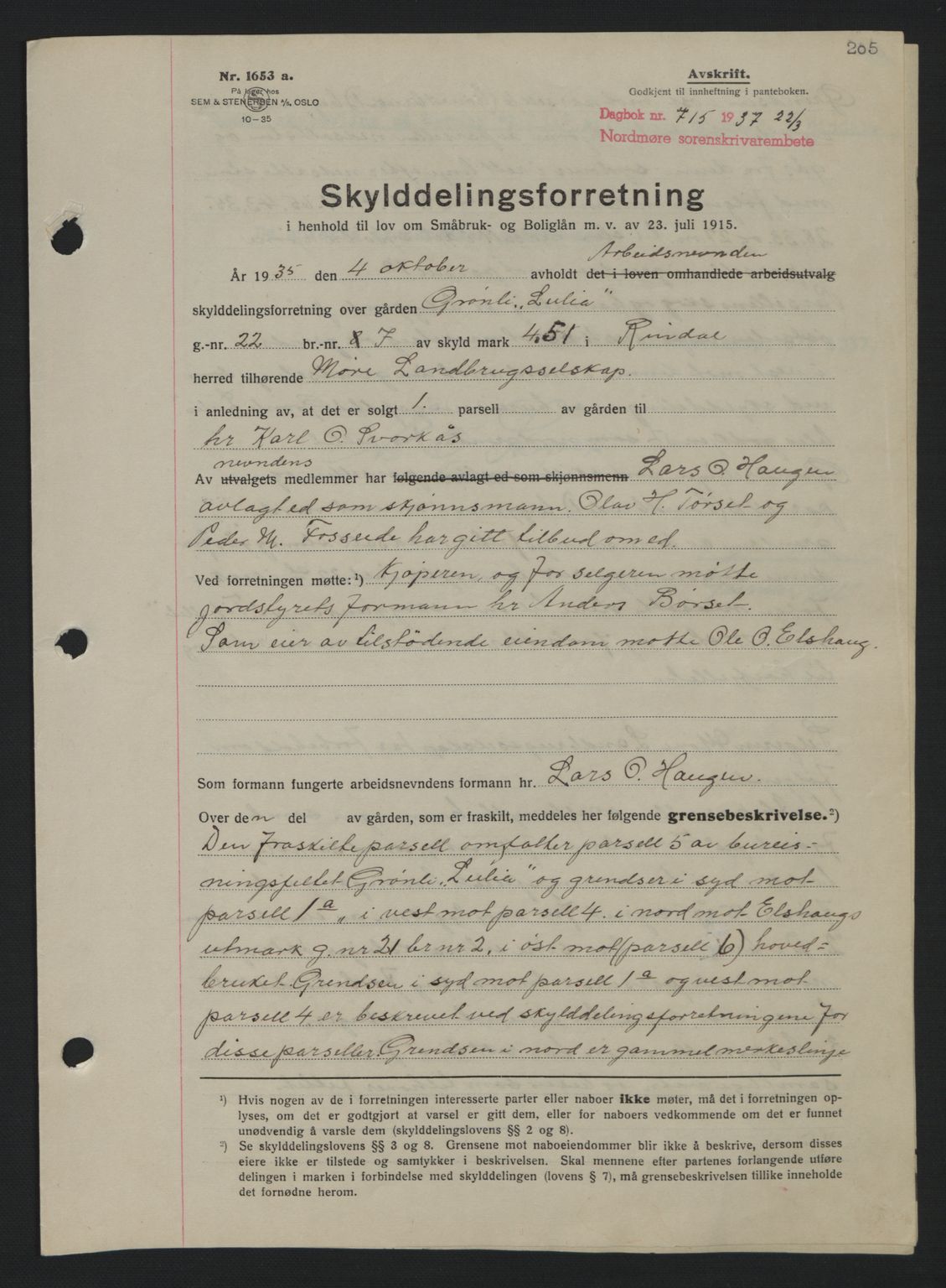 Nordmøre sorenskriveri, AV/SAT-A-4132/1/2/2Ca: Mortgage book no. A81, 1937-1937, Diary no: : 715/1937