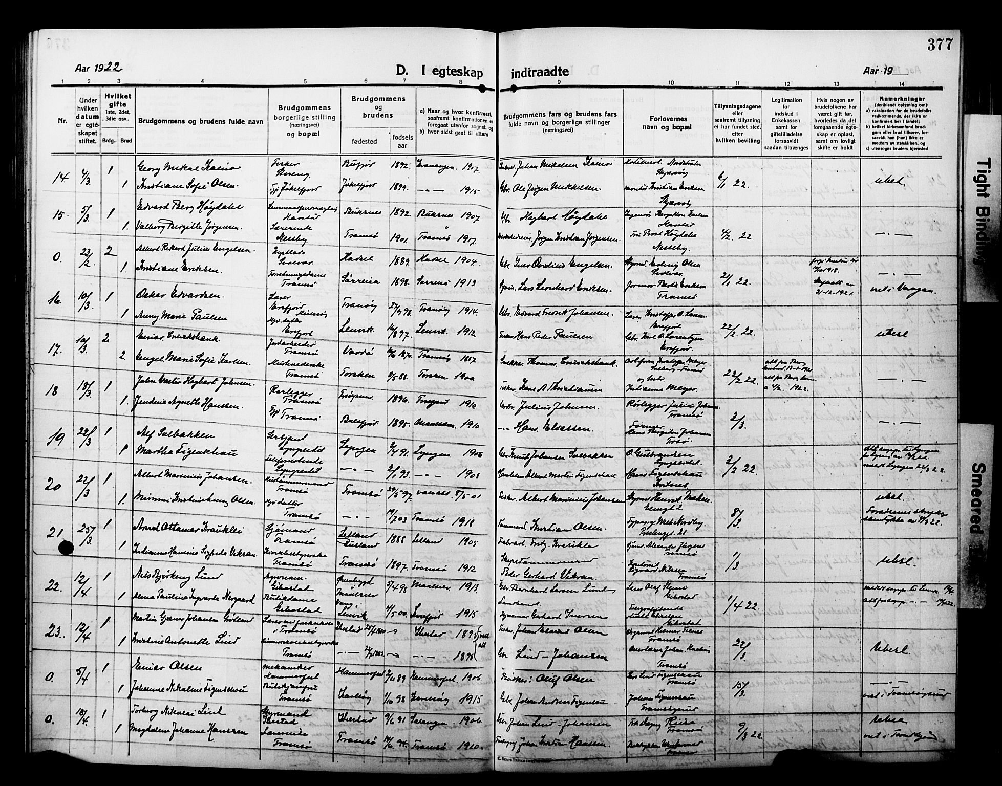 Tromsø sokneprestkontor/stiftsprosti/domprosti, AV/SATØ-S-1343/G/Gb/L0009klokker: Parish register (copy) no. 9, 1915-1925, p. 377