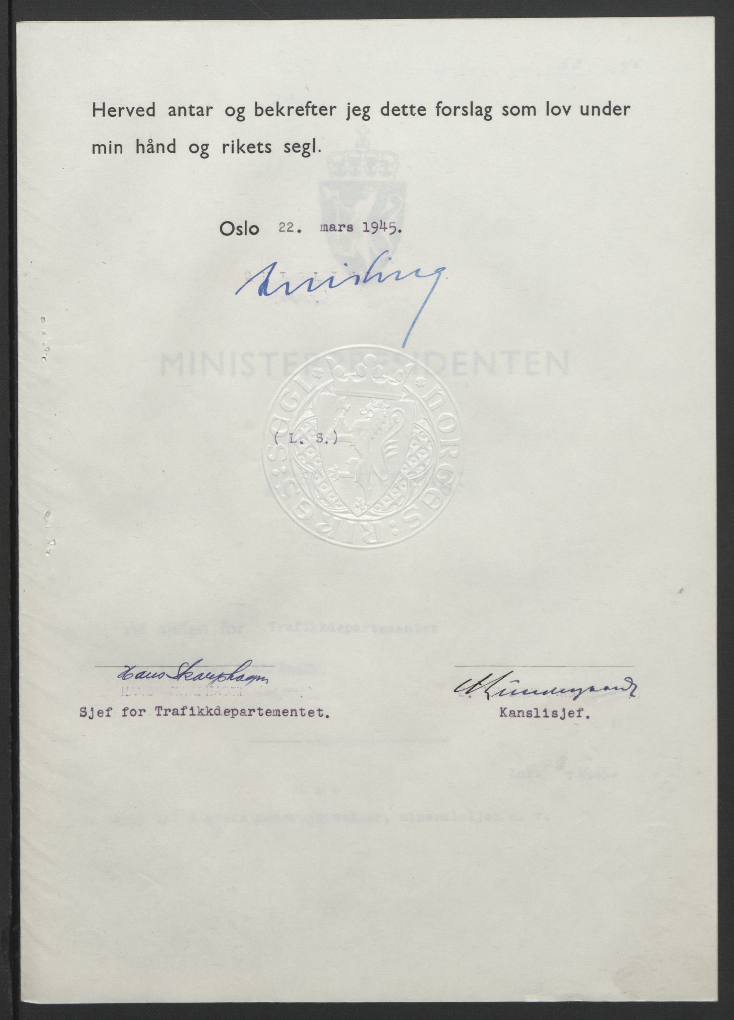 NS-administrasjonen 1940-1945 (Statsrådsekretariatet, de kommisariske statsråder mm), AV/RA-S-4279/D/Db/L0101/0001: -- / Lover og vedtak, 1945, p. 120