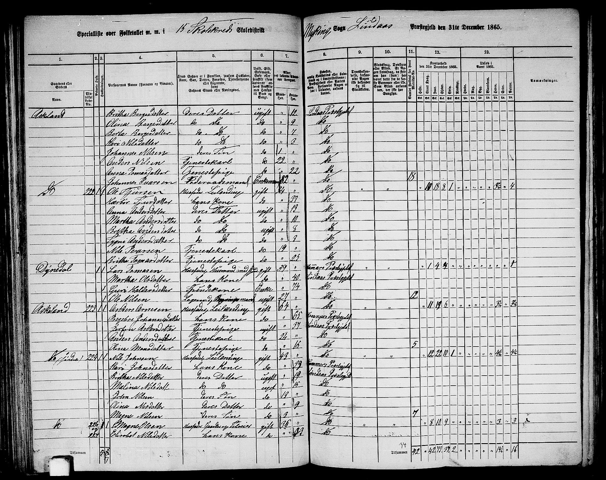 RA, 1865 census for Lindås, 1865, p. 109