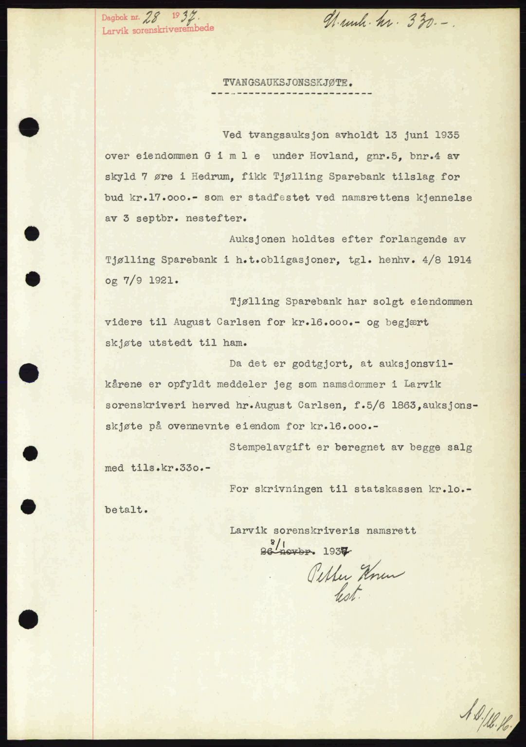 Larvik sorenskriveri, SAKO/A-83/G/Ga/Gab/L0067: Mortgage book no. A-1, 1936-1937, Diary no: : 28/1937