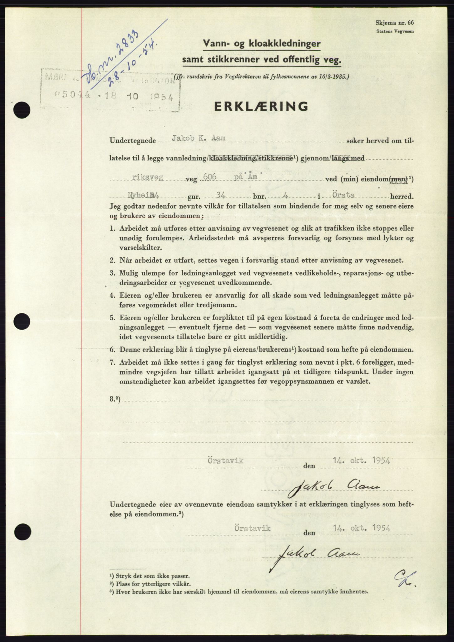 Søre Sunnmøre sorenskriveri, AV/SAT-A-4122/1/2/2C/L0099: Mortgage book no. 25A, 1954-1954, Diary no: : 2833/1954