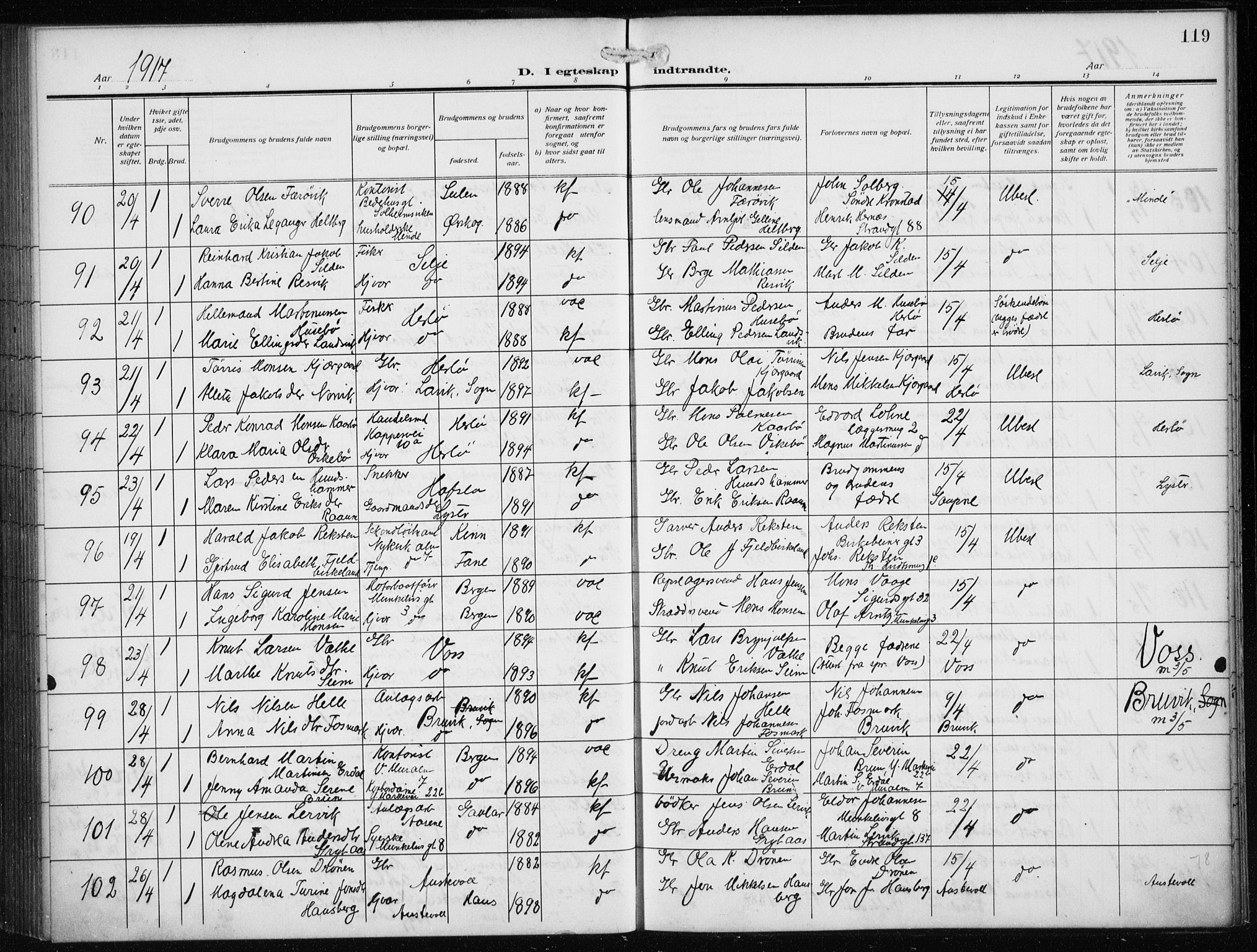 Nykirken Sokneprestembete, SAB/A-77101/H/Haa/L0036: Parish register (official) no. D 6, 1913-1918, p. 119