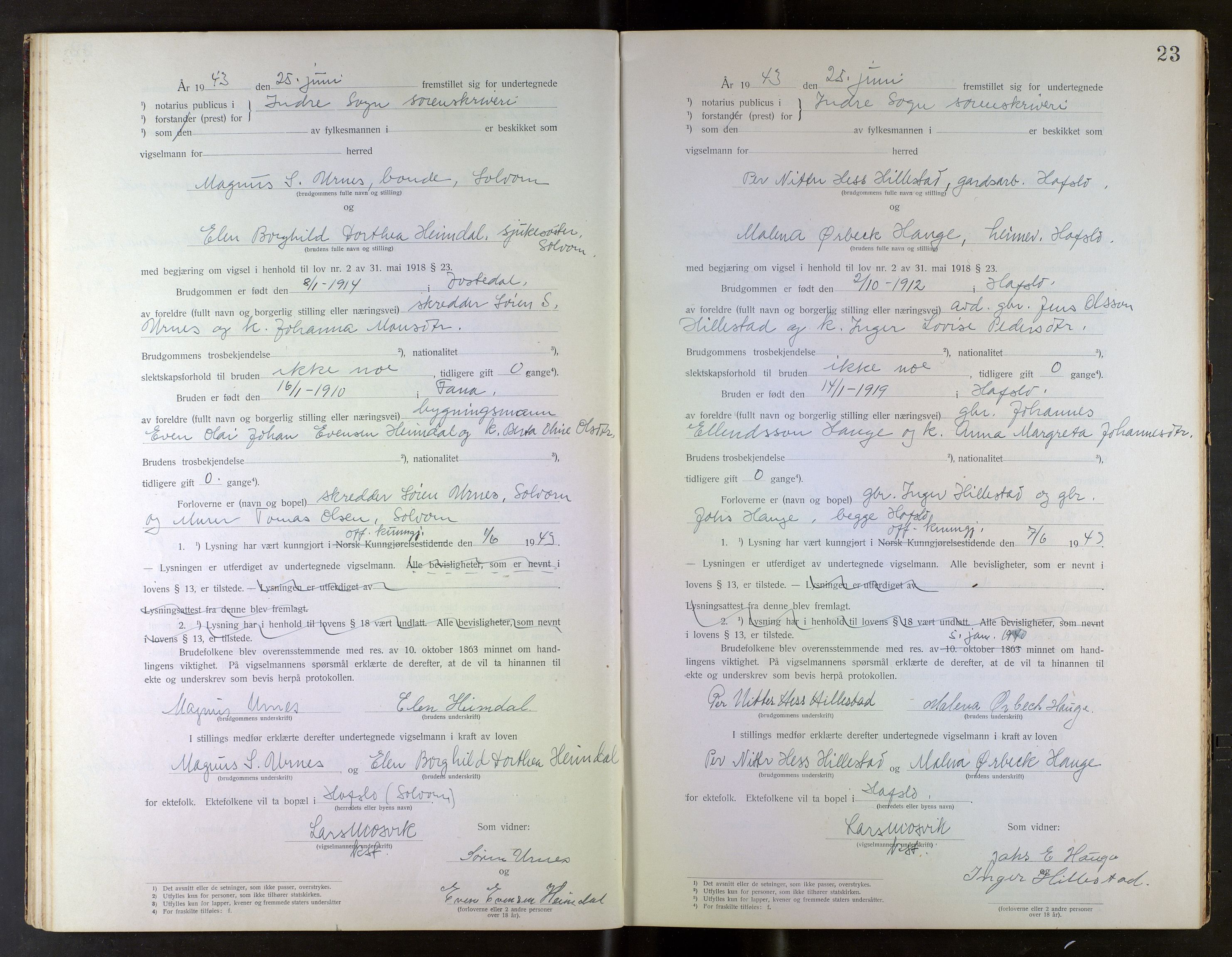 Indre Sogn tingrett, AV/SAB-A-3301/1/L/La/Laa/L0001: Vigselsbok Indre Sogn, 1938-1967, p. 23