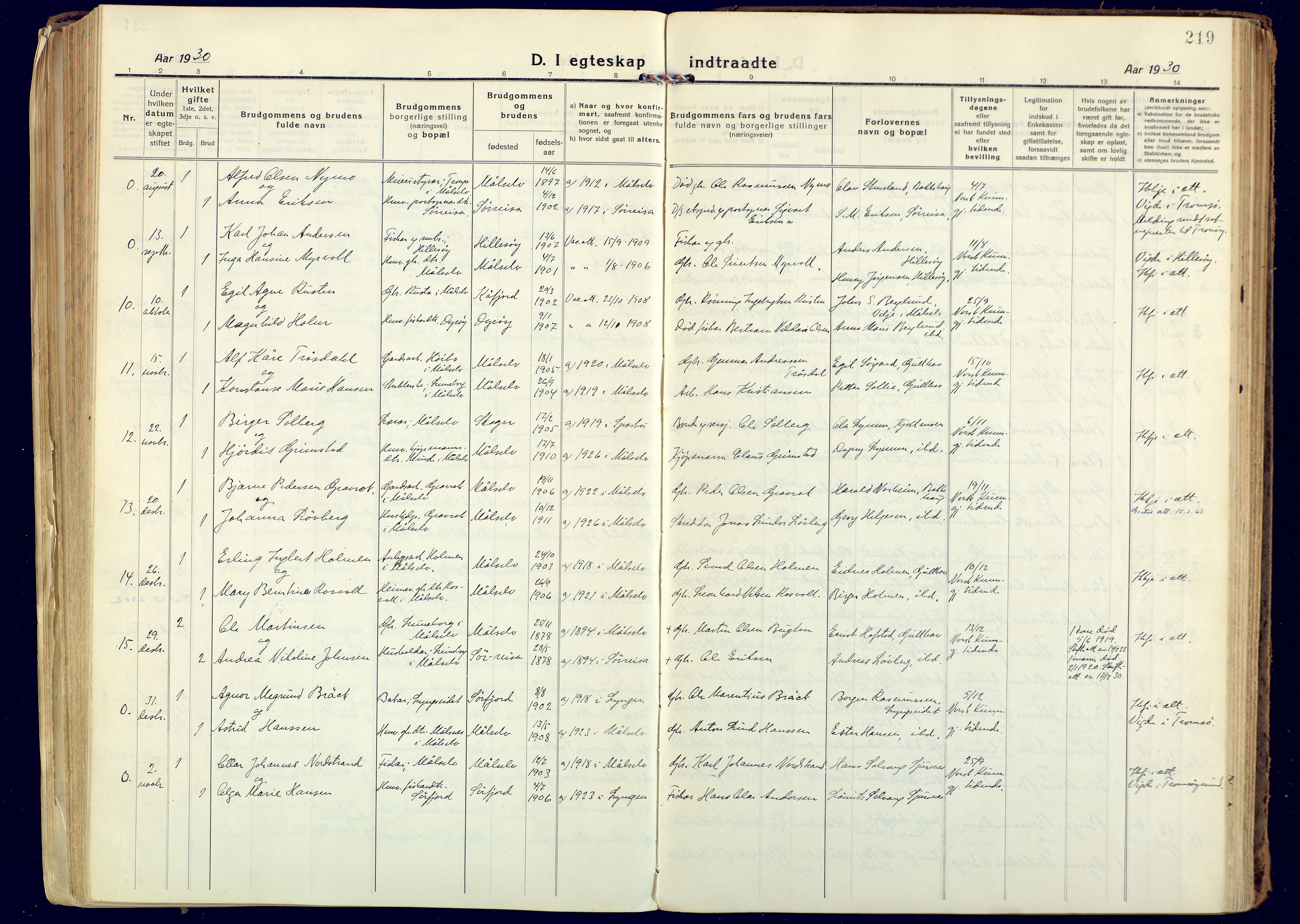 Målselv sokneprestembete, AV/SATØ-S-1311/G/Ga/Gaa/L0014kirke: Parish register (official) no. 14, 1919-1932, p. 219