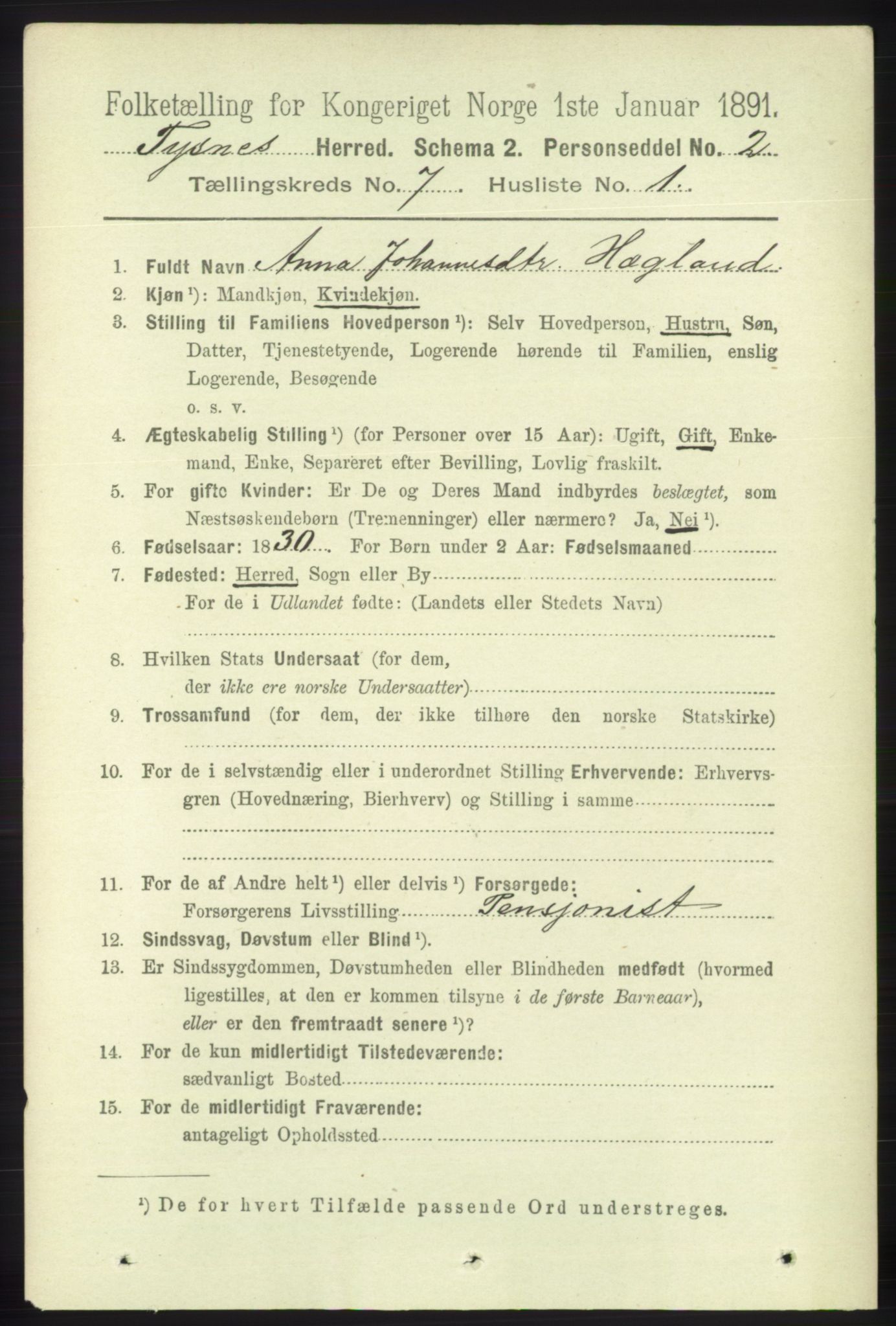 RA, 1891 census for 1223 Tysnes, 1891, p. 2879