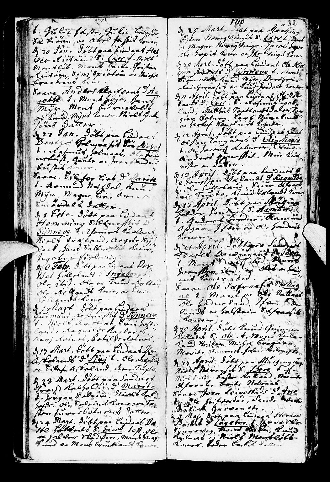 Lindås Sokneprestembete, SAB/A-76701/H/Haa: Parish register (official) no. A 1, 1699-1746, p. 32