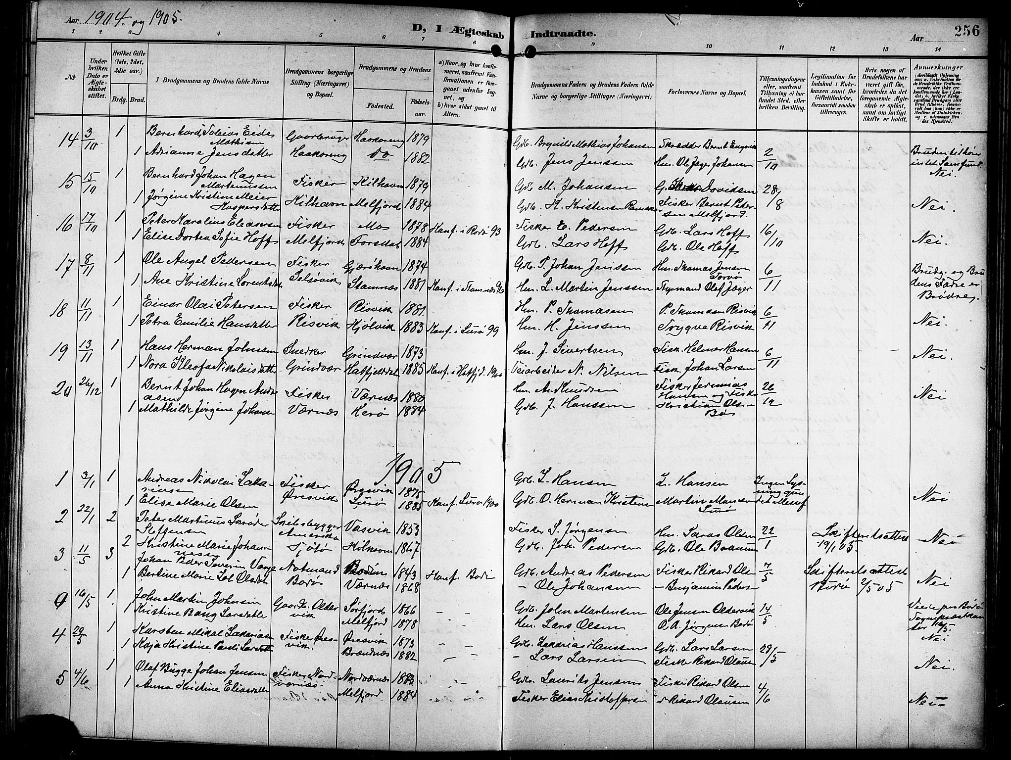 Ministerialprotokoller, klokkerbøker og fødselsregistre - Nordland, SAT/A-1459/841/L0621: Parish register (copy) no. 841C05, 1897-1923, p. 256